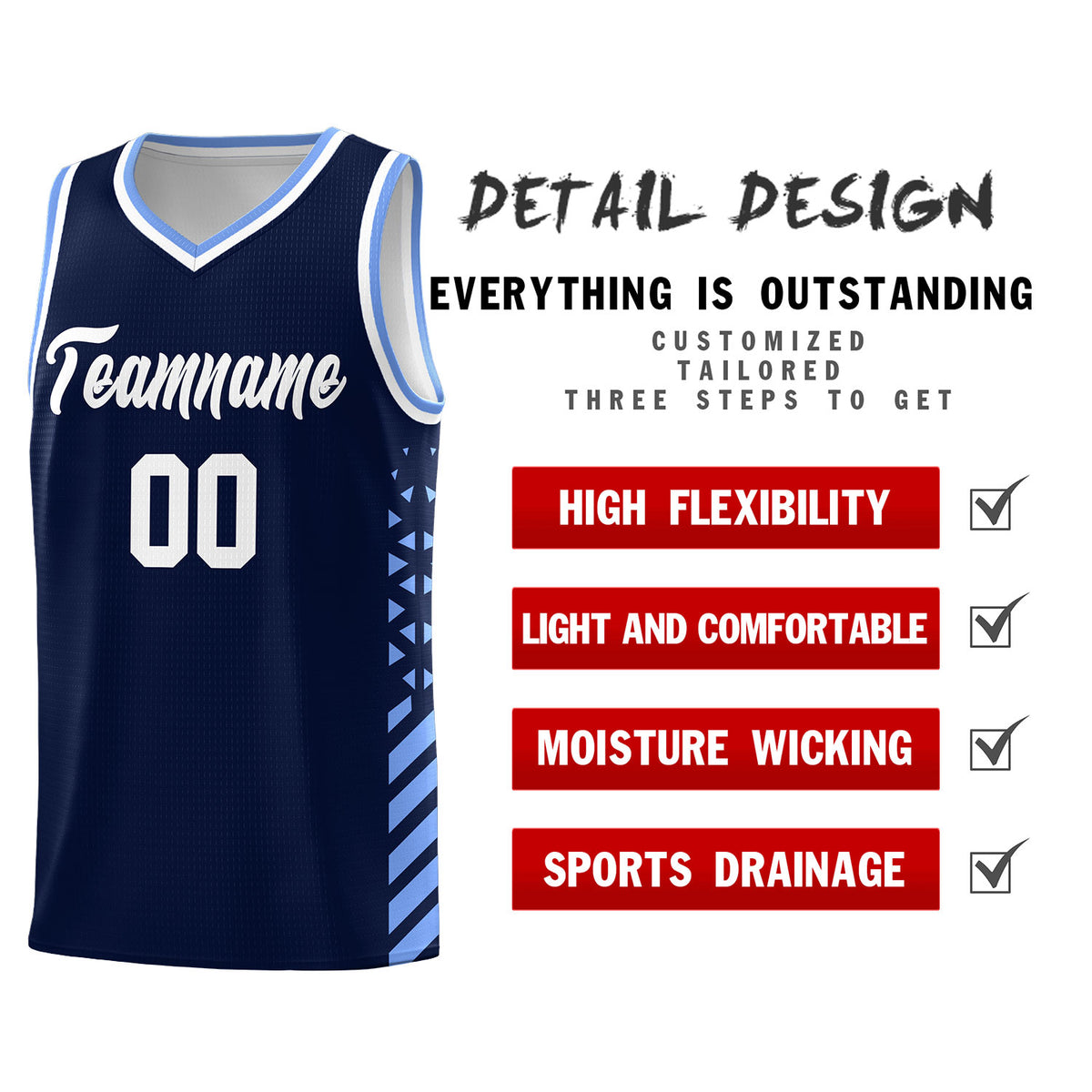 Custom Navy Basketball Kits With Side Light Blue Diamond Stripe Pattern