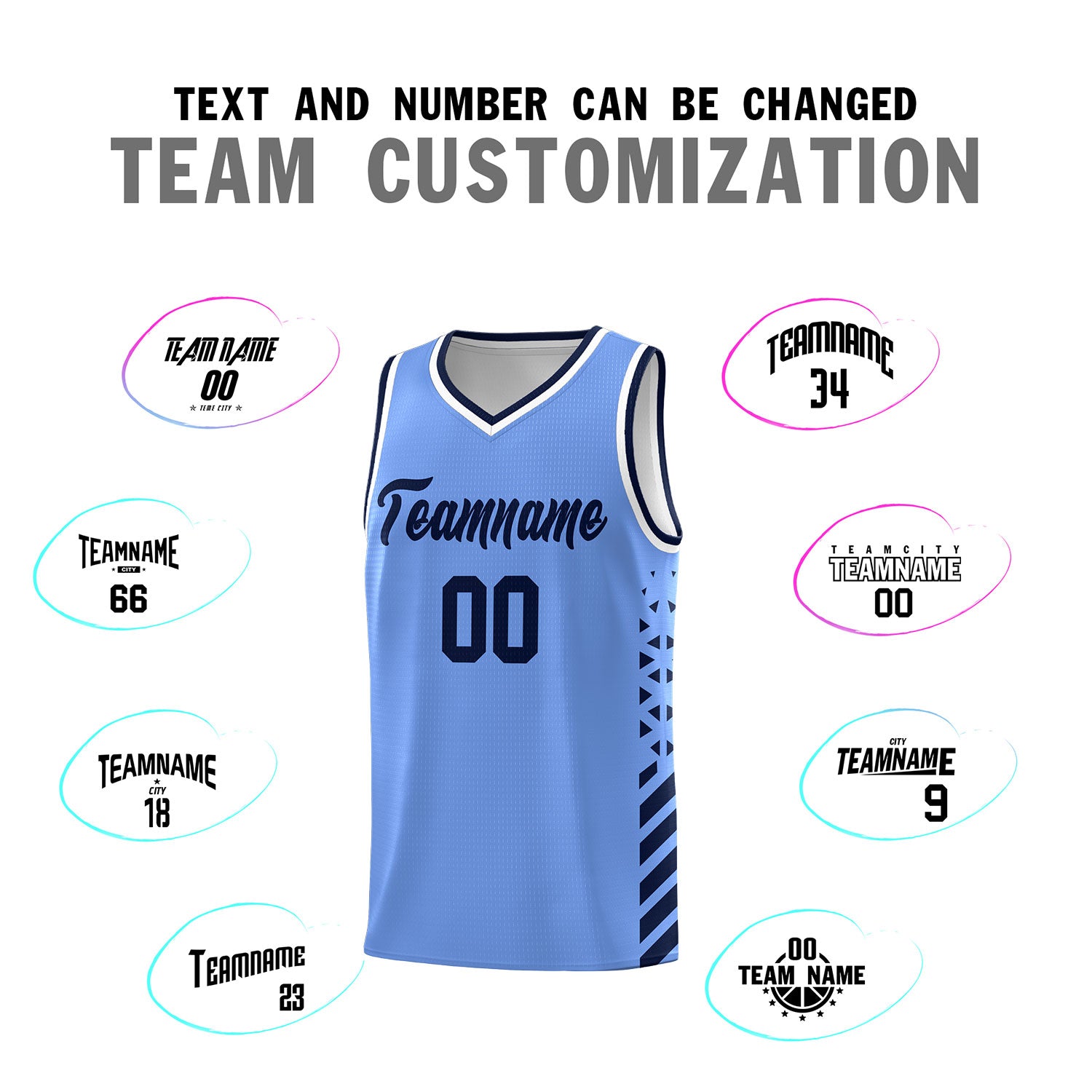 Custom Light Blue Basketball Kits With Side Navy Diamond Stripe Pattern