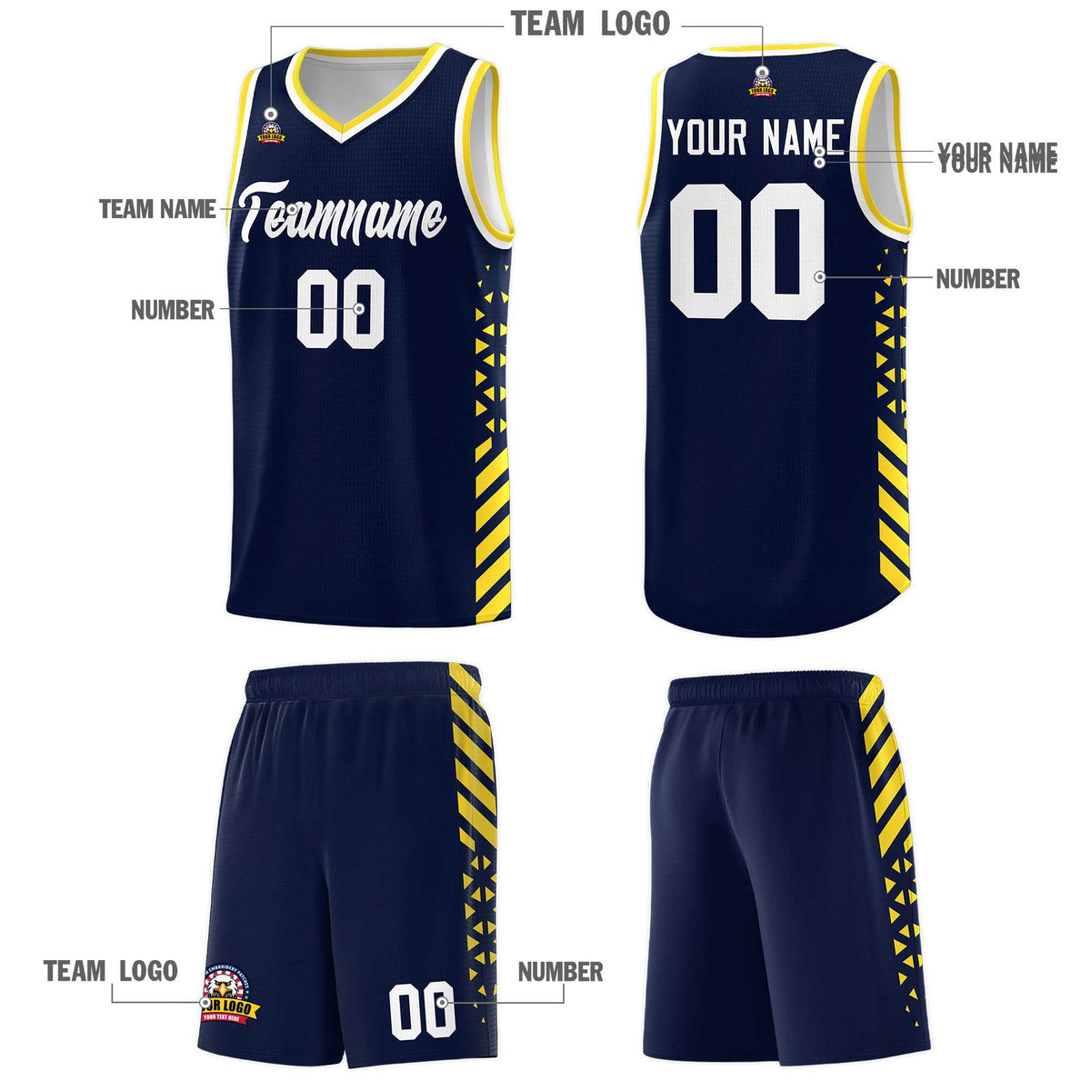 Custom Navy Basketball Kits With Side Gold Diamond Stripe Pattern