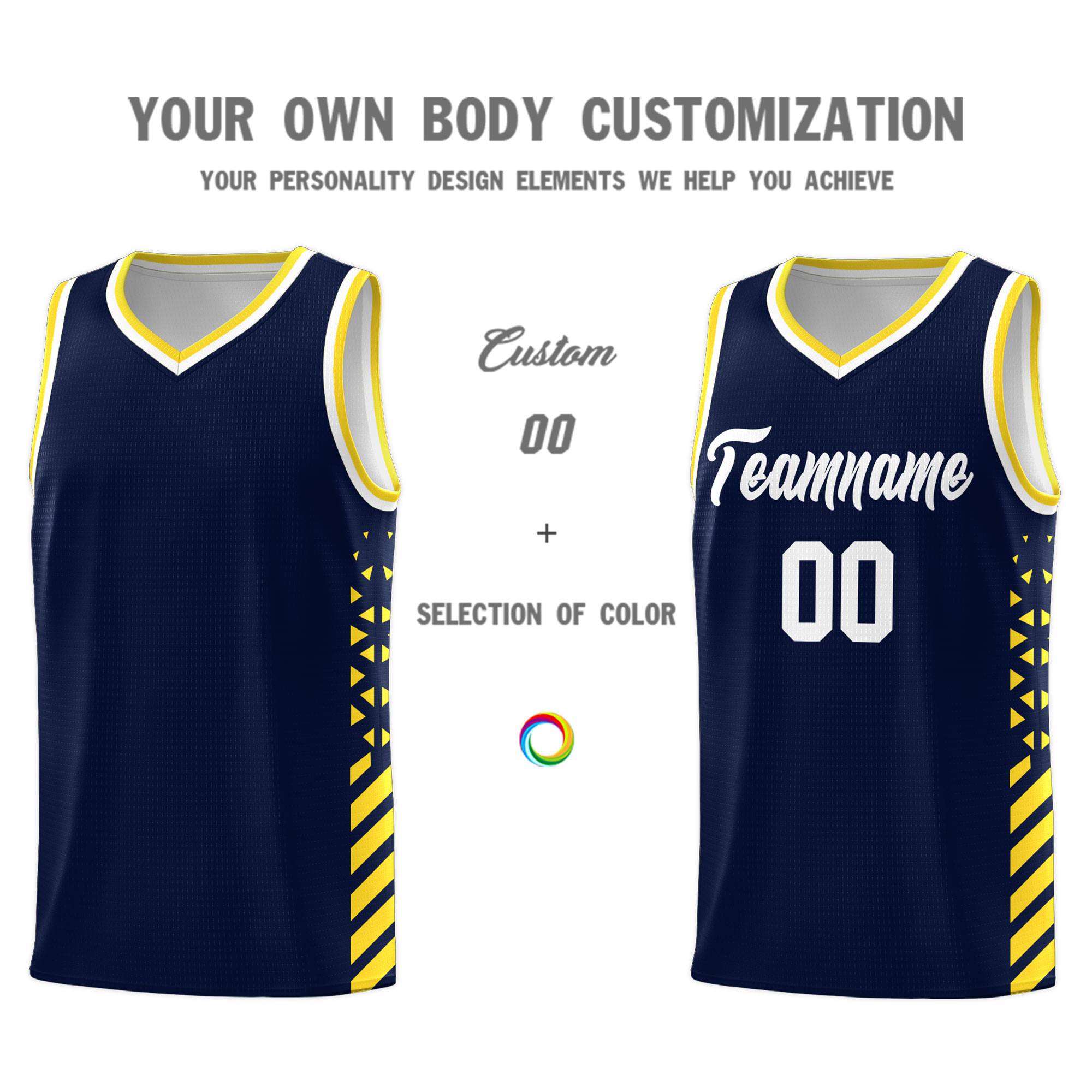 Custom Navy Basketball Kits With Side Gold Diamond Stripe Pattern