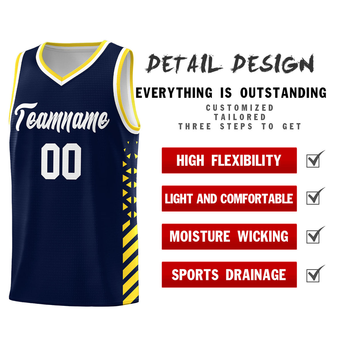 Custom Navy Basketball Kits With Side Gold Diamond Stripe Pattern