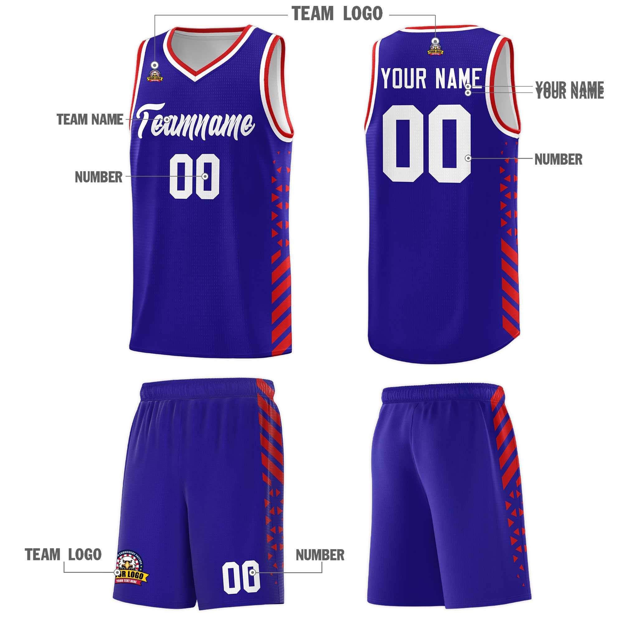 Custom Royal Basketball Kits With Side Red Diamond Stripe Pattern