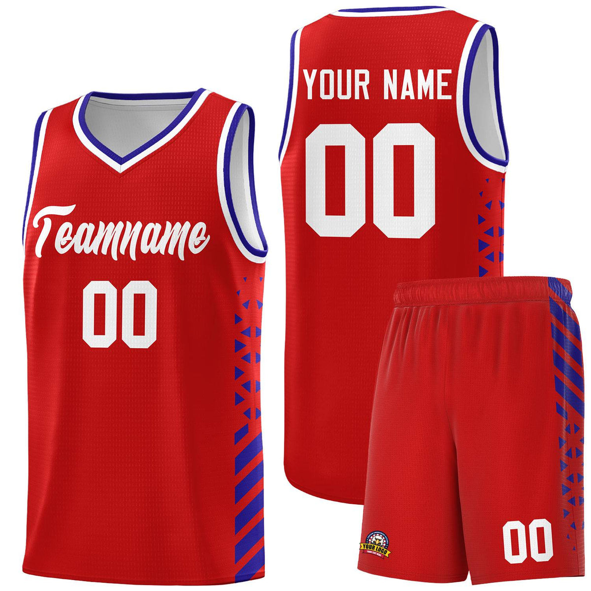 Custom Red Basketball Kits With Side Royal Diamond Stripe Pattern