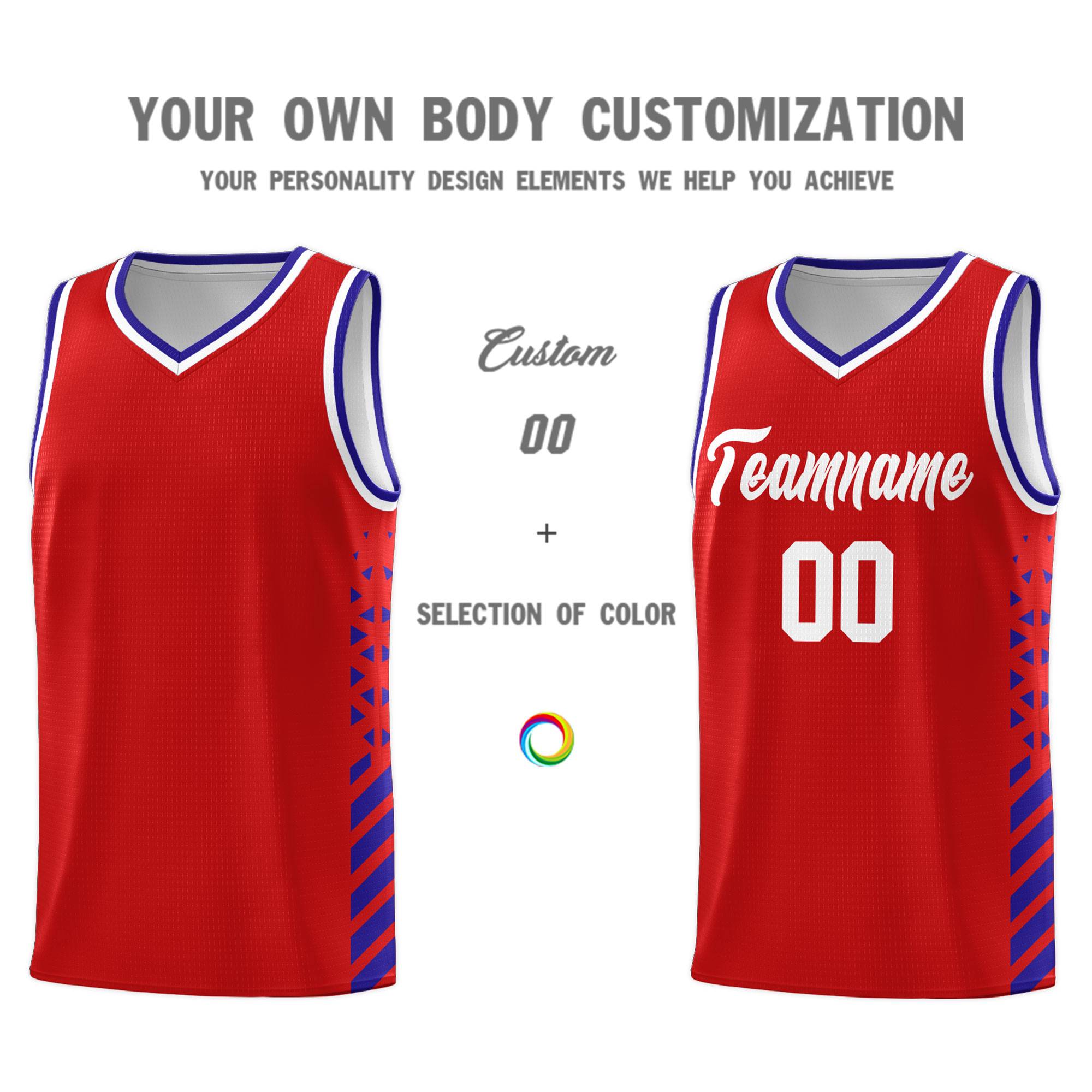 Custom Red Basketball Kits With Side Royal Diamond Stripe Pattern