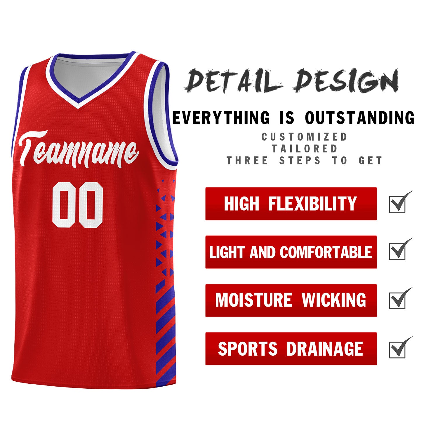 Custom Red Basketball Kits With Side Royal Diamond Stripe Pattern