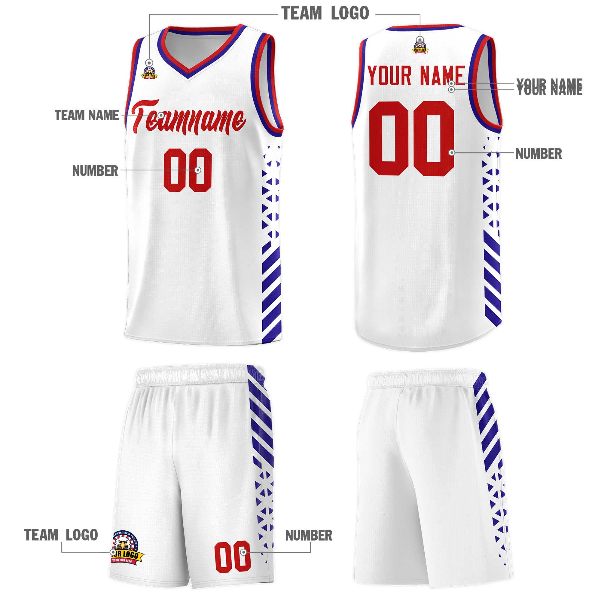Custom White Basketball Kits With Side Royal Diamond Stripe Pattern