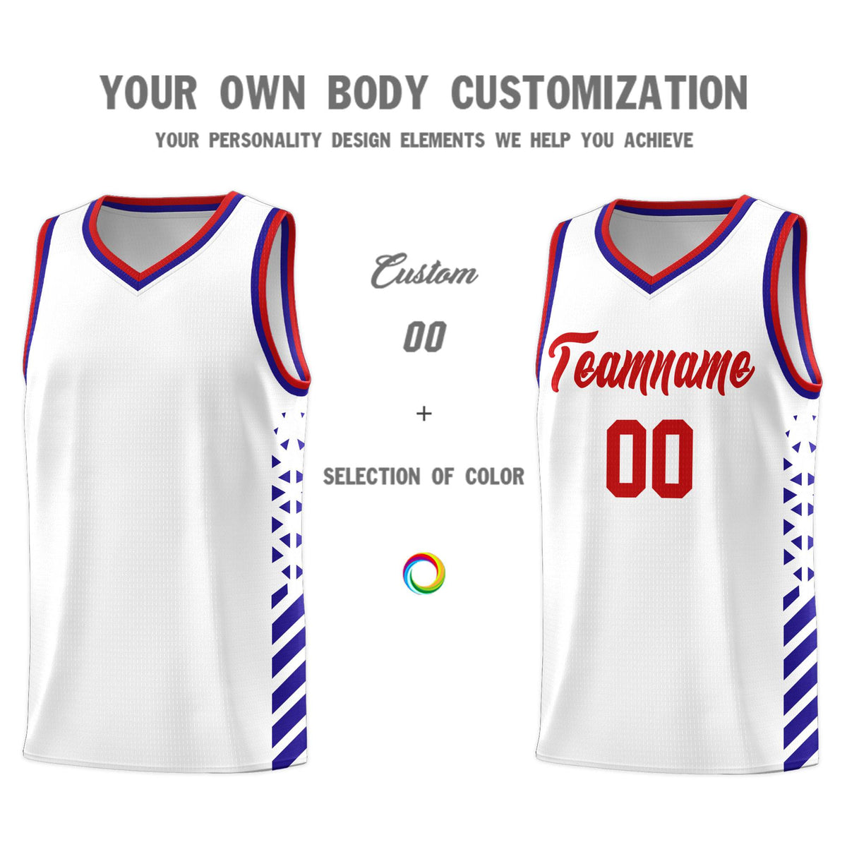 Custom White Basketball Kits With Side Royal Diamond Stripe Pattern