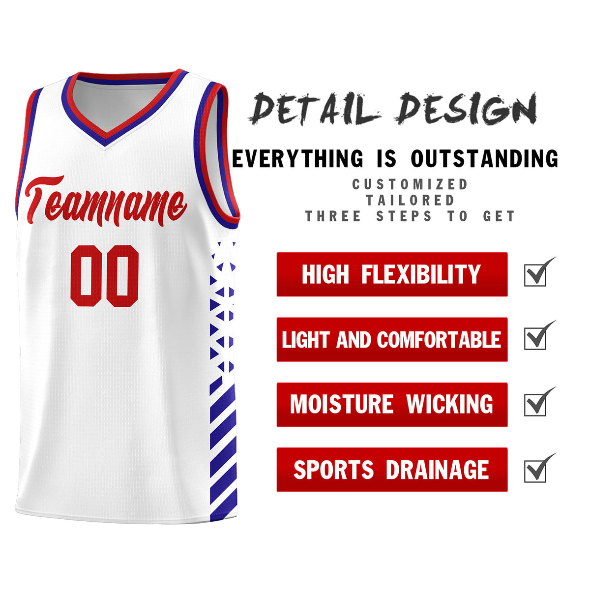 Custom White Basketball Kits With Side Royal Diamond Stripe Pattern