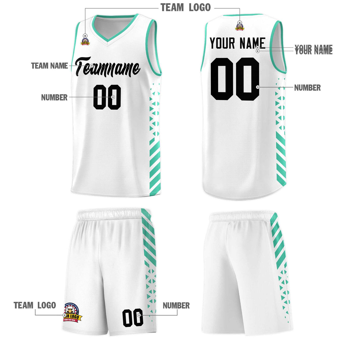 Custom White Basketball Kits With Side Bright Green Diamond Stripe Pattern