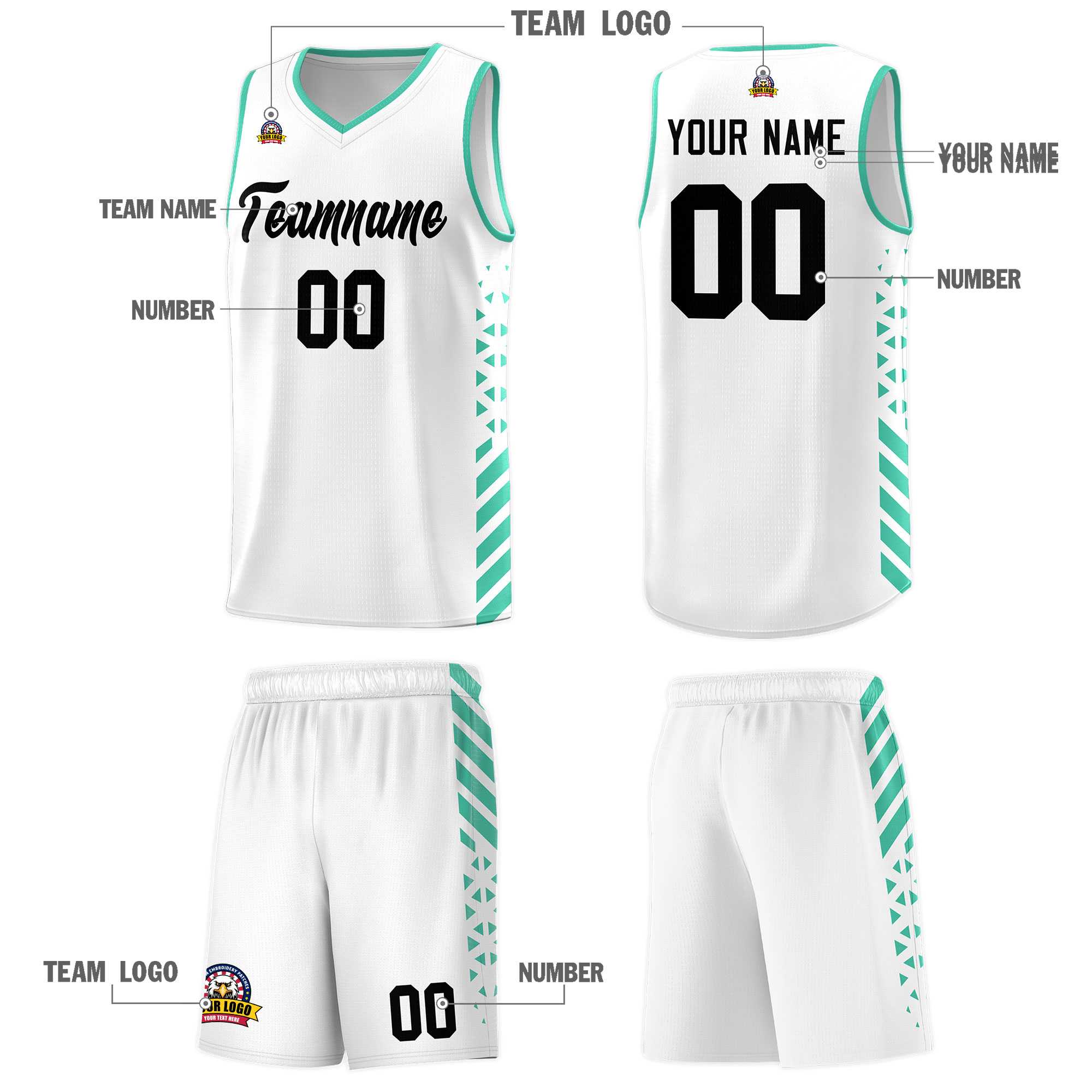 Custom White Basketball Kits With Side Bright Green Diamond Stripe Pattern