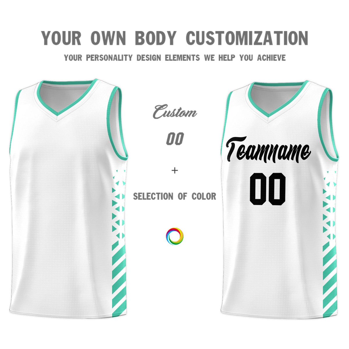 Custom White Basketball Kits With Side Bright Green Diamond Stripe Pattern