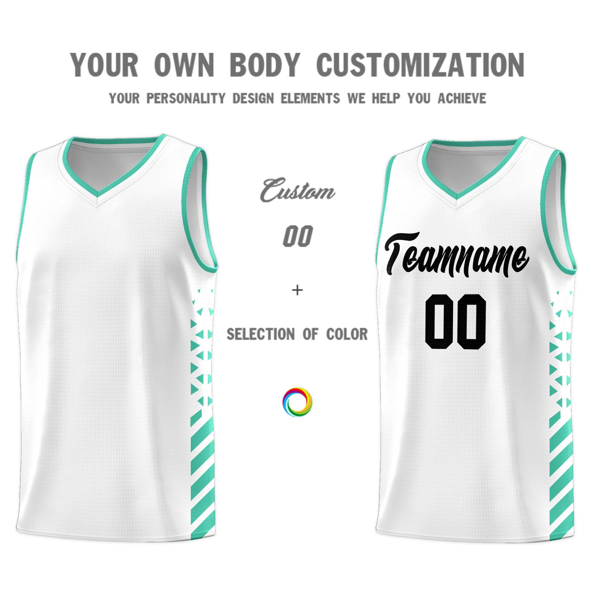 Custom White Basketball Kits With Side Bright Green Diamond Stripe Pattern