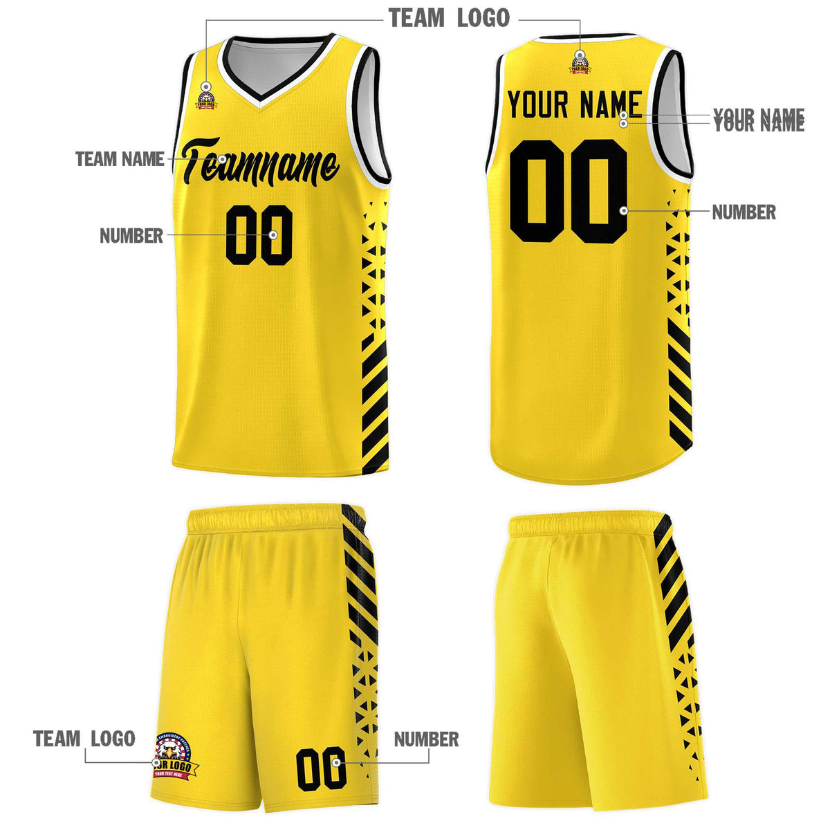 Custom Gold Basketball Kits With Side Black Diamond Stripe Pattern