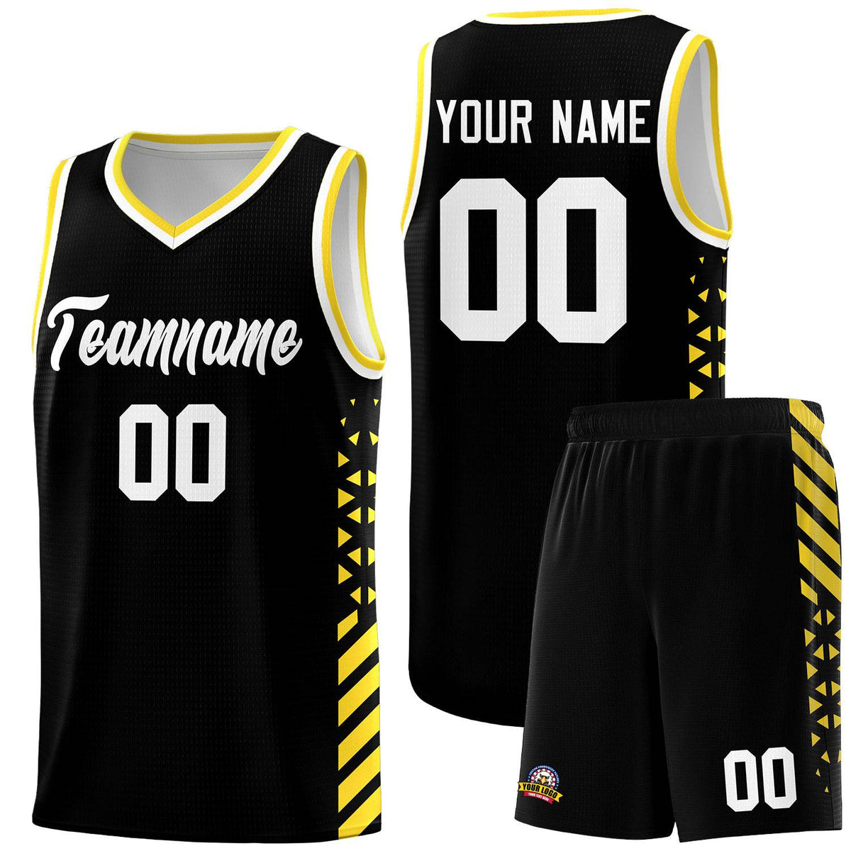 Custom Black Basketball Kits With Side Gold Diamond Stripe Pattern