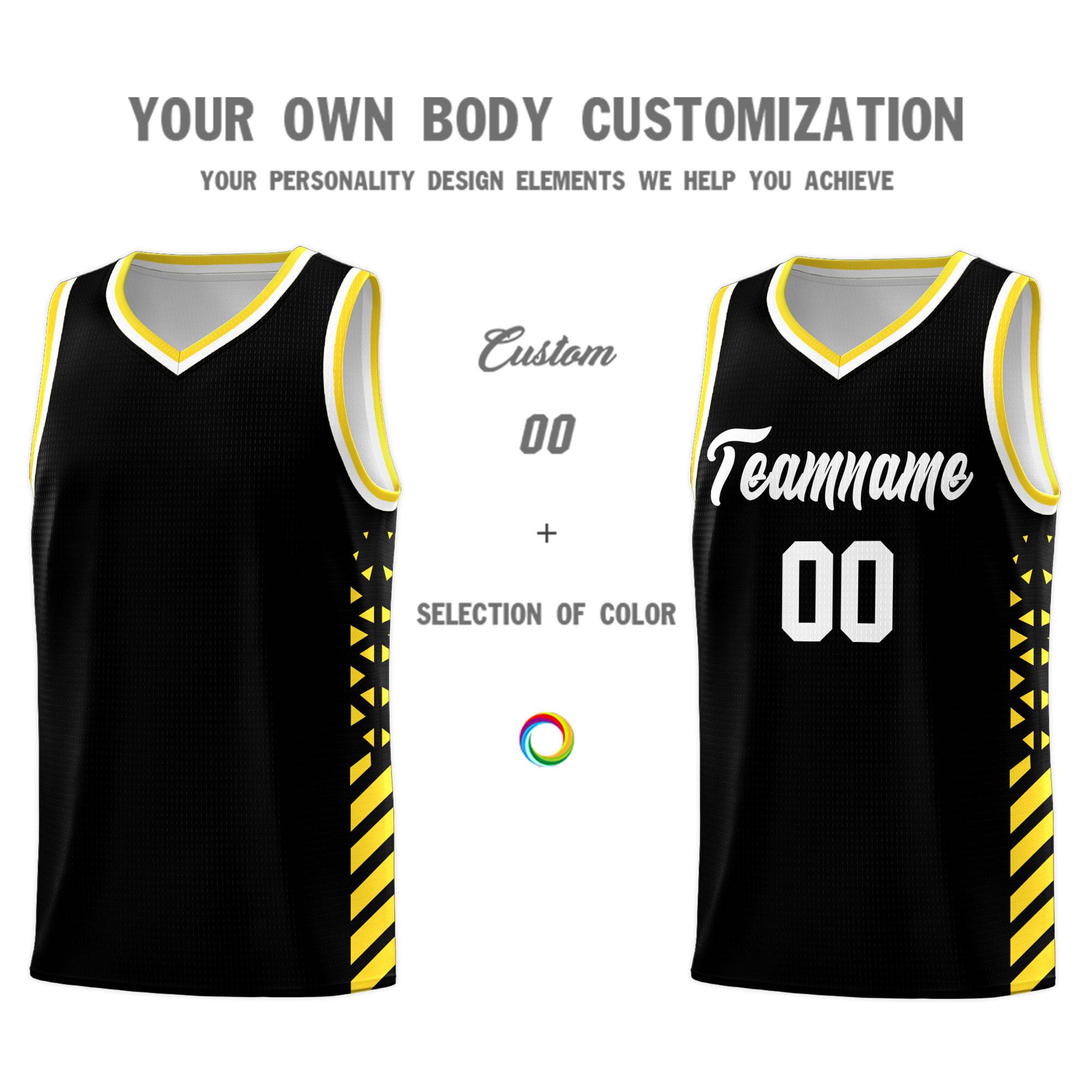 Custom Black Basketball Kits With Side Gold Diamond Stripe Pattern
