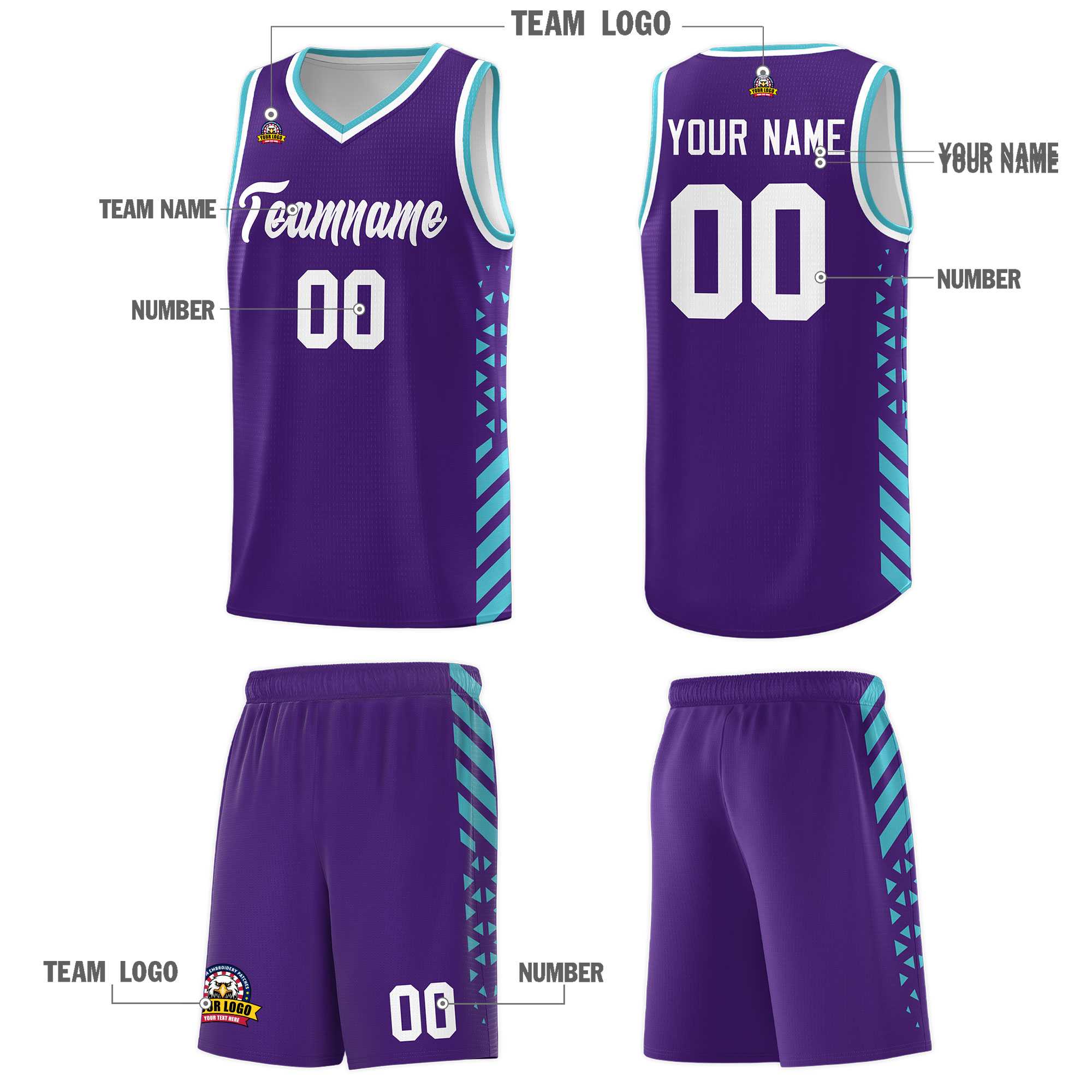Custom Purple Basketball Kits With Side Sky Blue Diamond Stripe Pattern