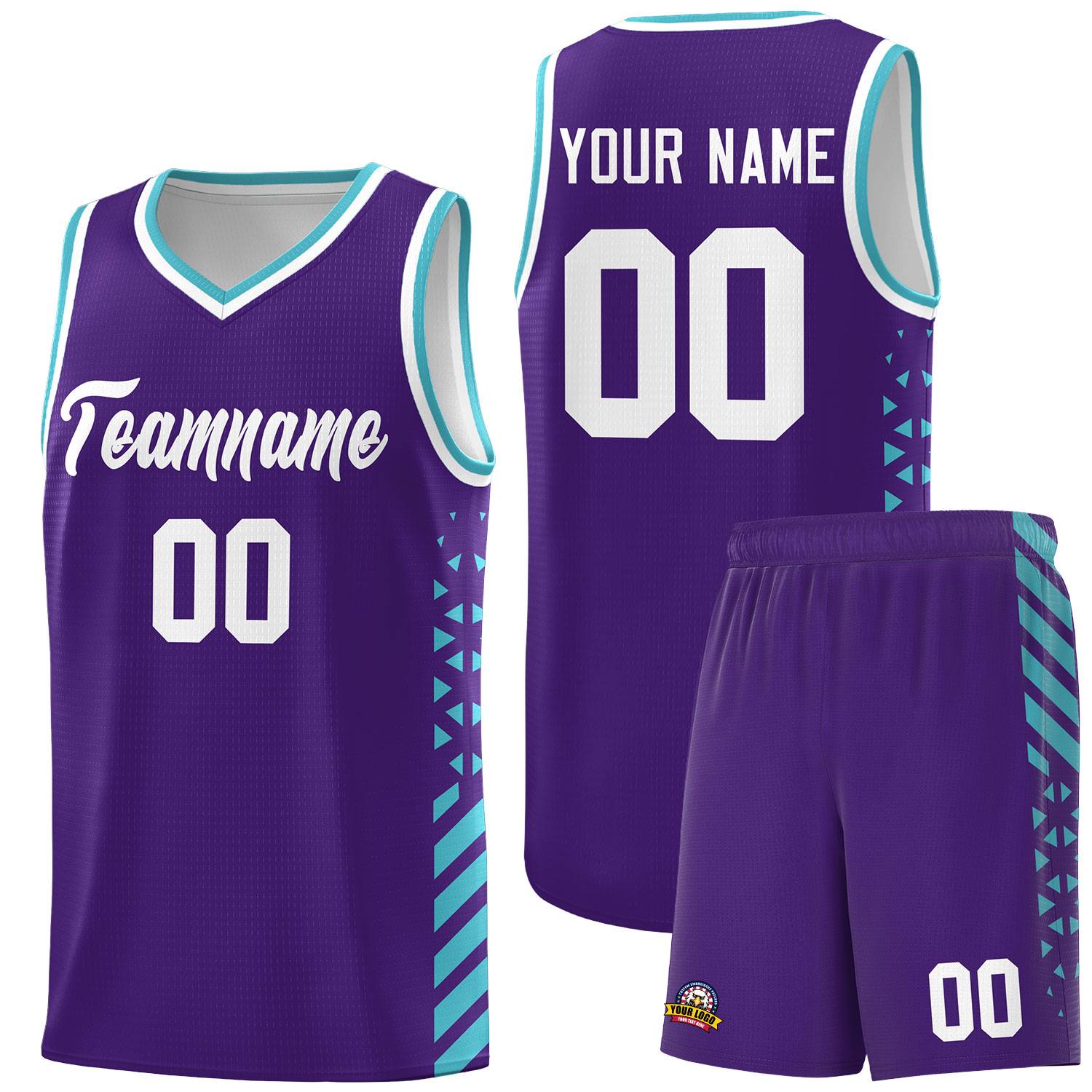 Custom Purple Basketball Kits With Side Sky Blue Diamond Stripe Pattern