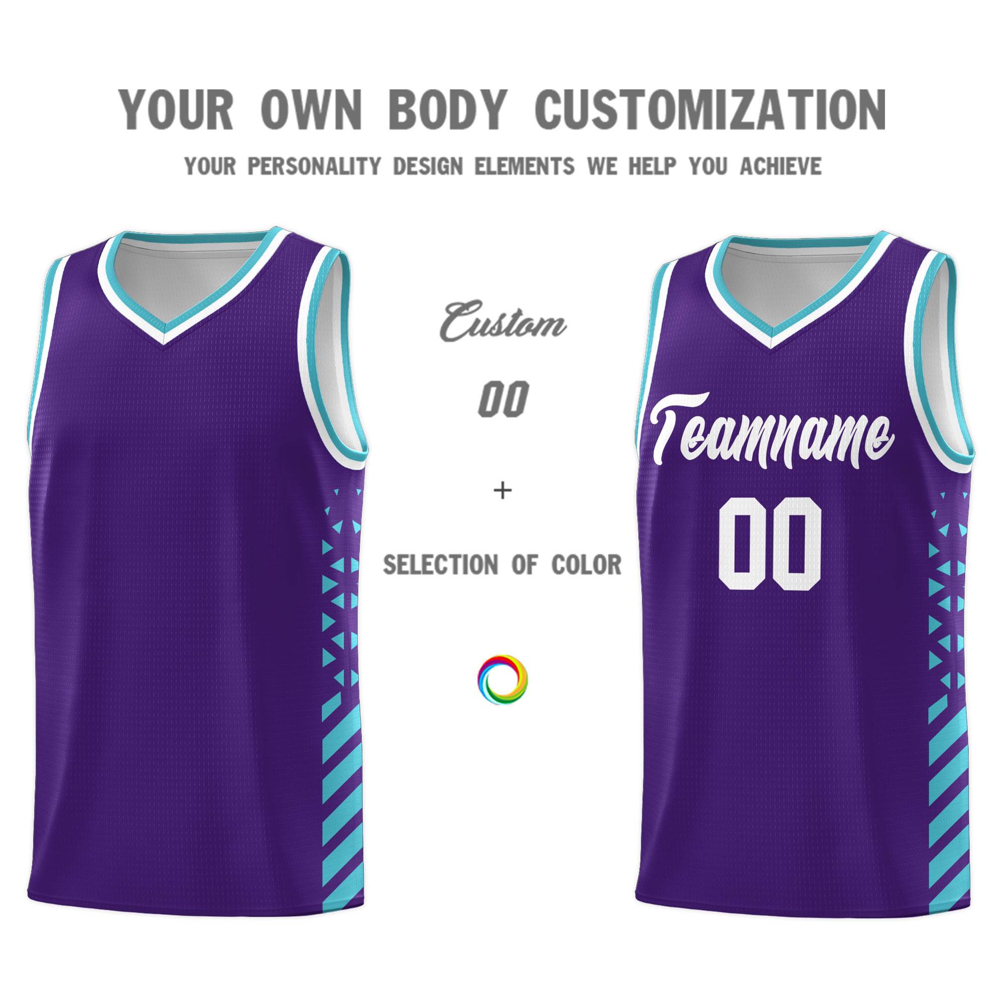 Custom Purple Basketball Kits With Side Sky Blue Diamond Stripe Pattern