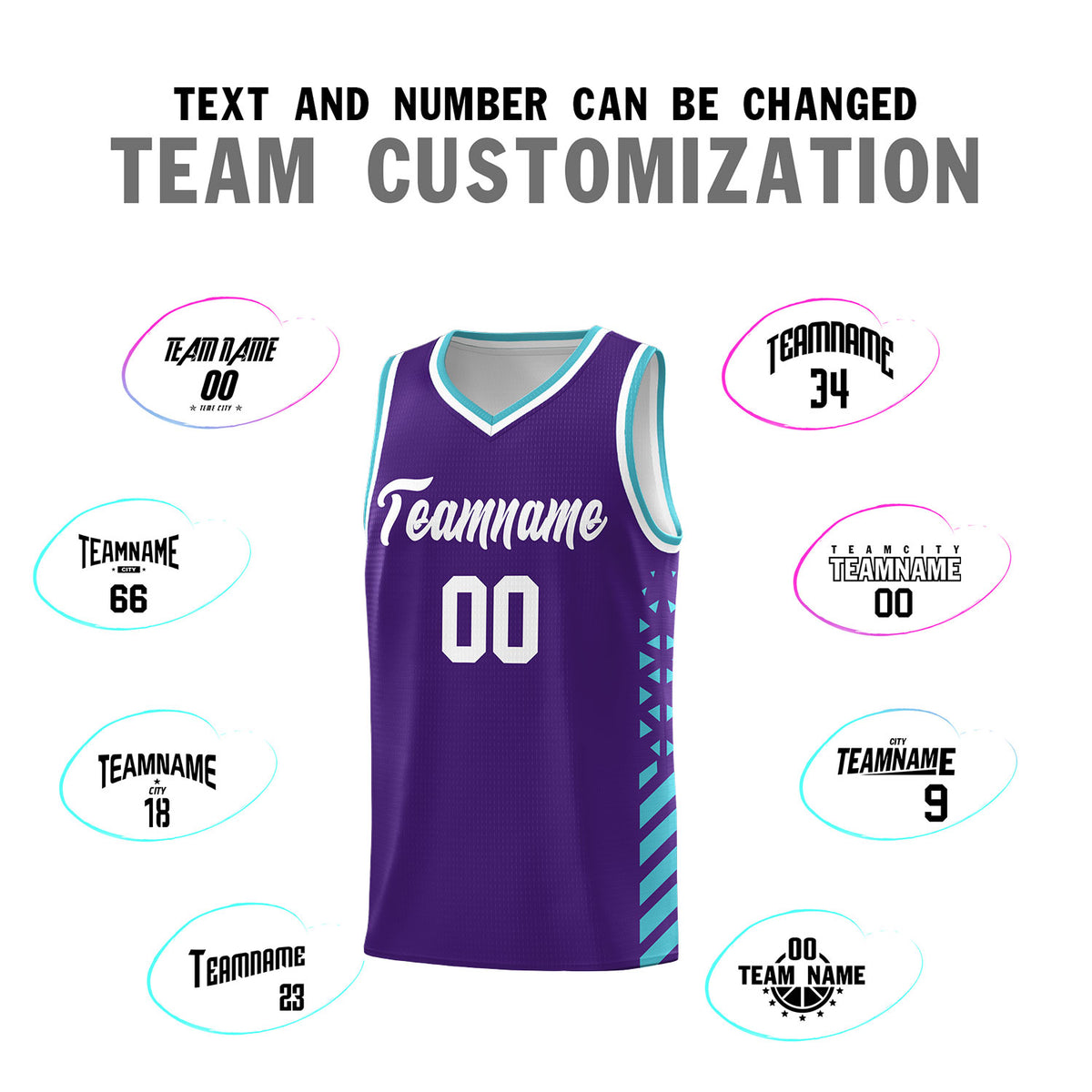 Custom Purple Basketball Kits With Side Sky Blue Diamond Stripe Pattern