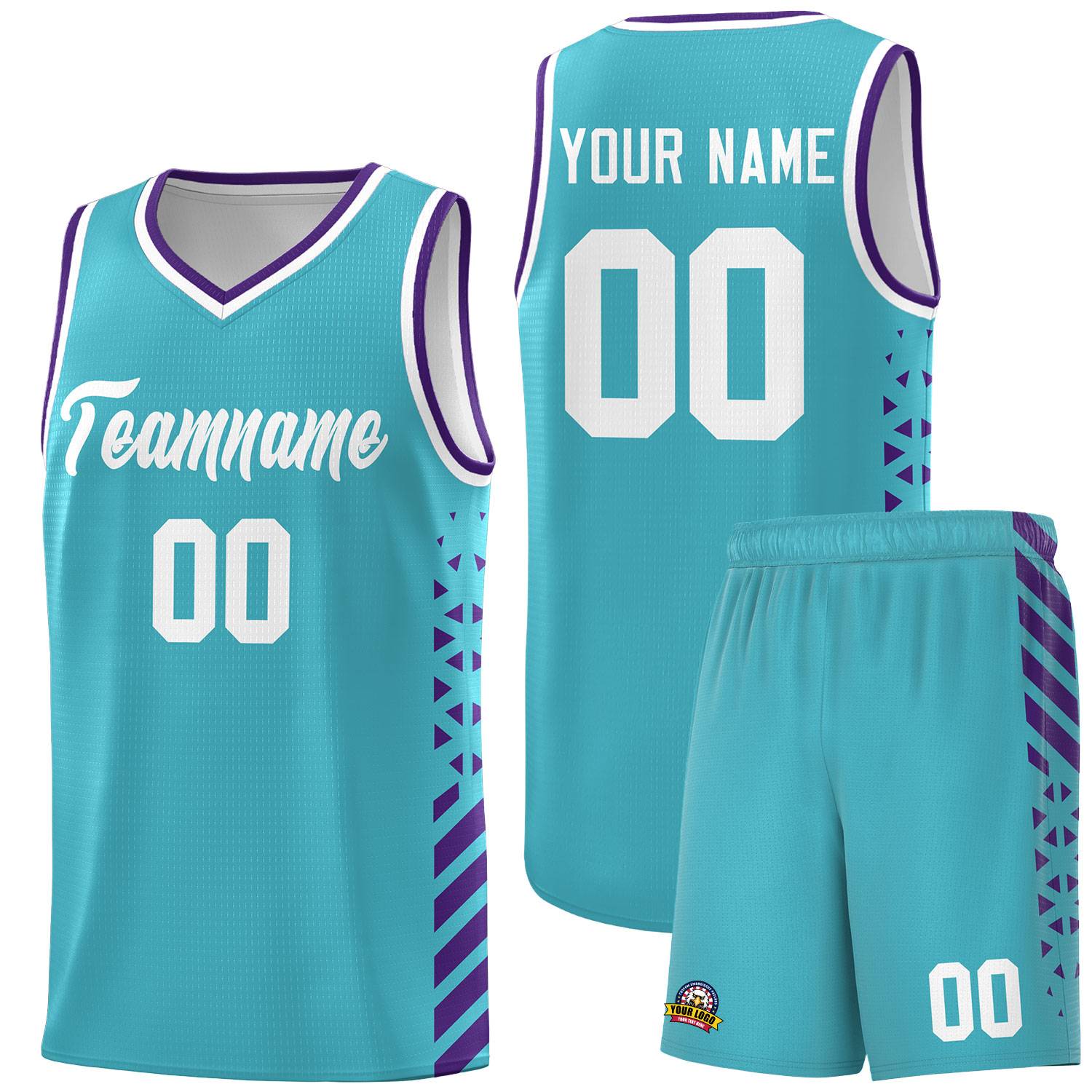 Custom Sky Blue Basketball Kits With Side Purple Diamond Stripe Pattern