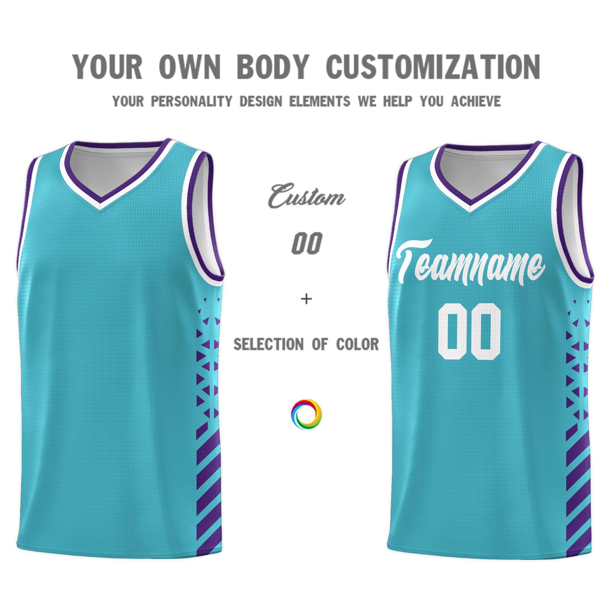 Custom Sky Blue Basketball Kits With Side Purple Diamond Stripe Pattern