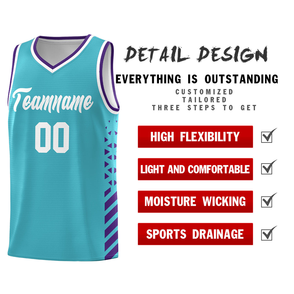 Custom Sky Blue Basketball Kits With Side Purple Diamond Stripe Pattern
