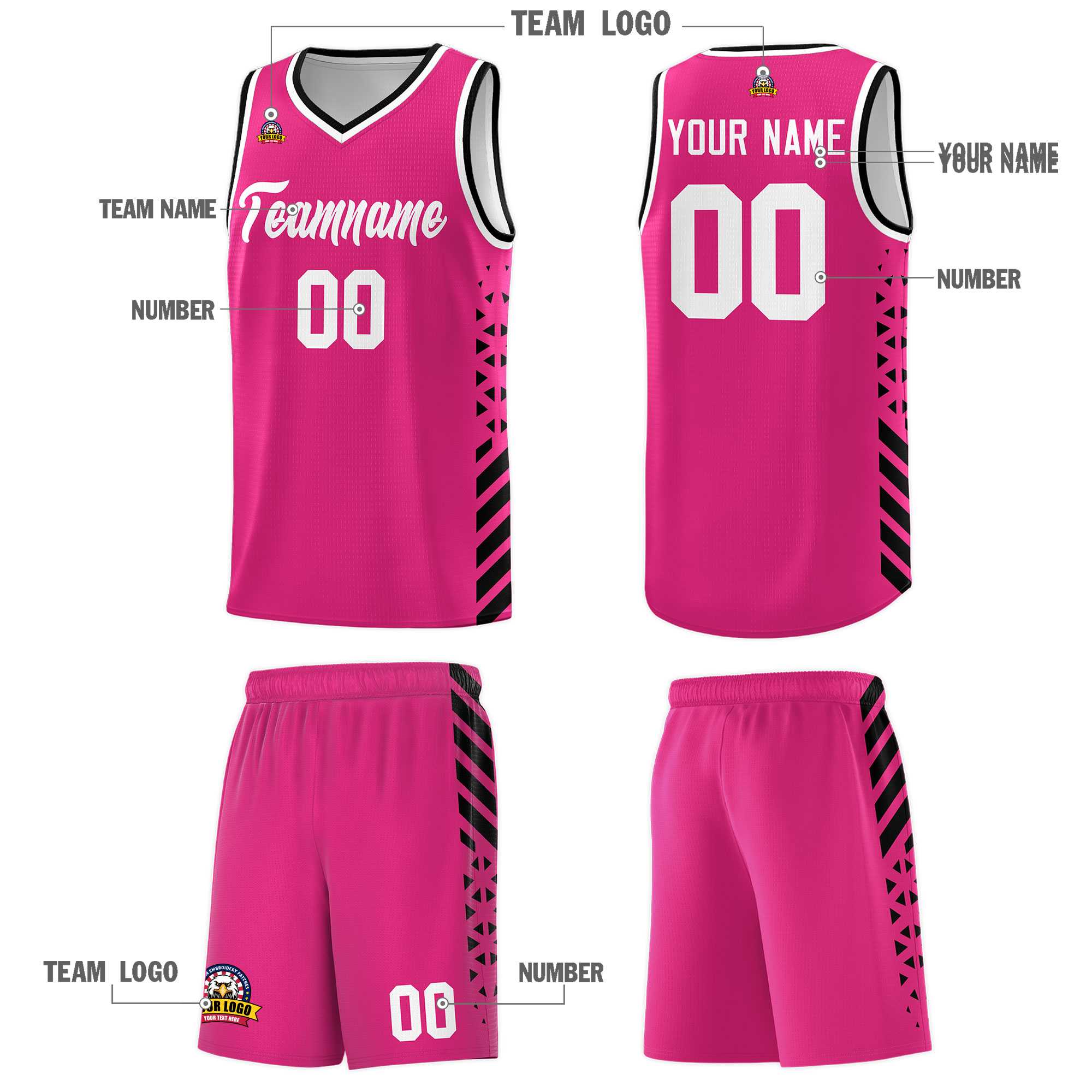 Custom Rose Red Basketball Kits With Side Black Diamond Stripe Pattern