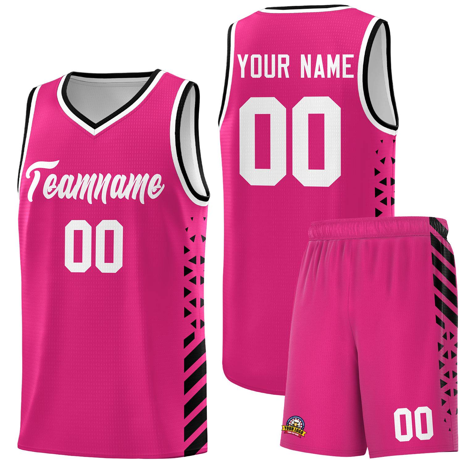 Custom Rose Red Basketball Kits With Side Black Diamond Stripe Pattern