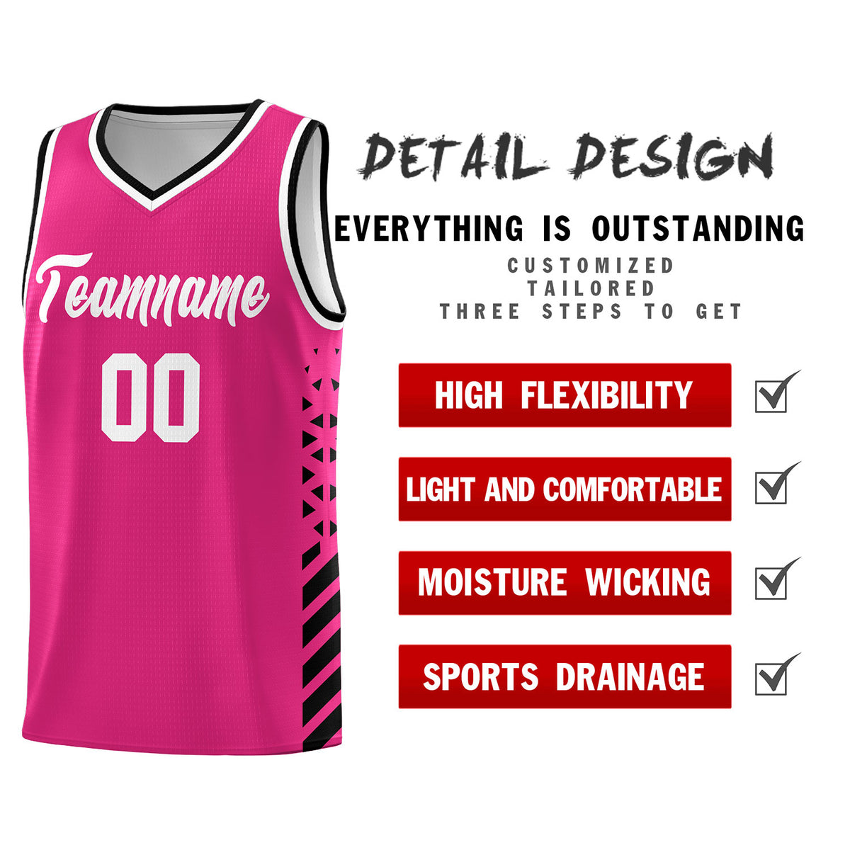 Custom Rose Red Basketball Kits With Side Black Diamond Stripe Pattern