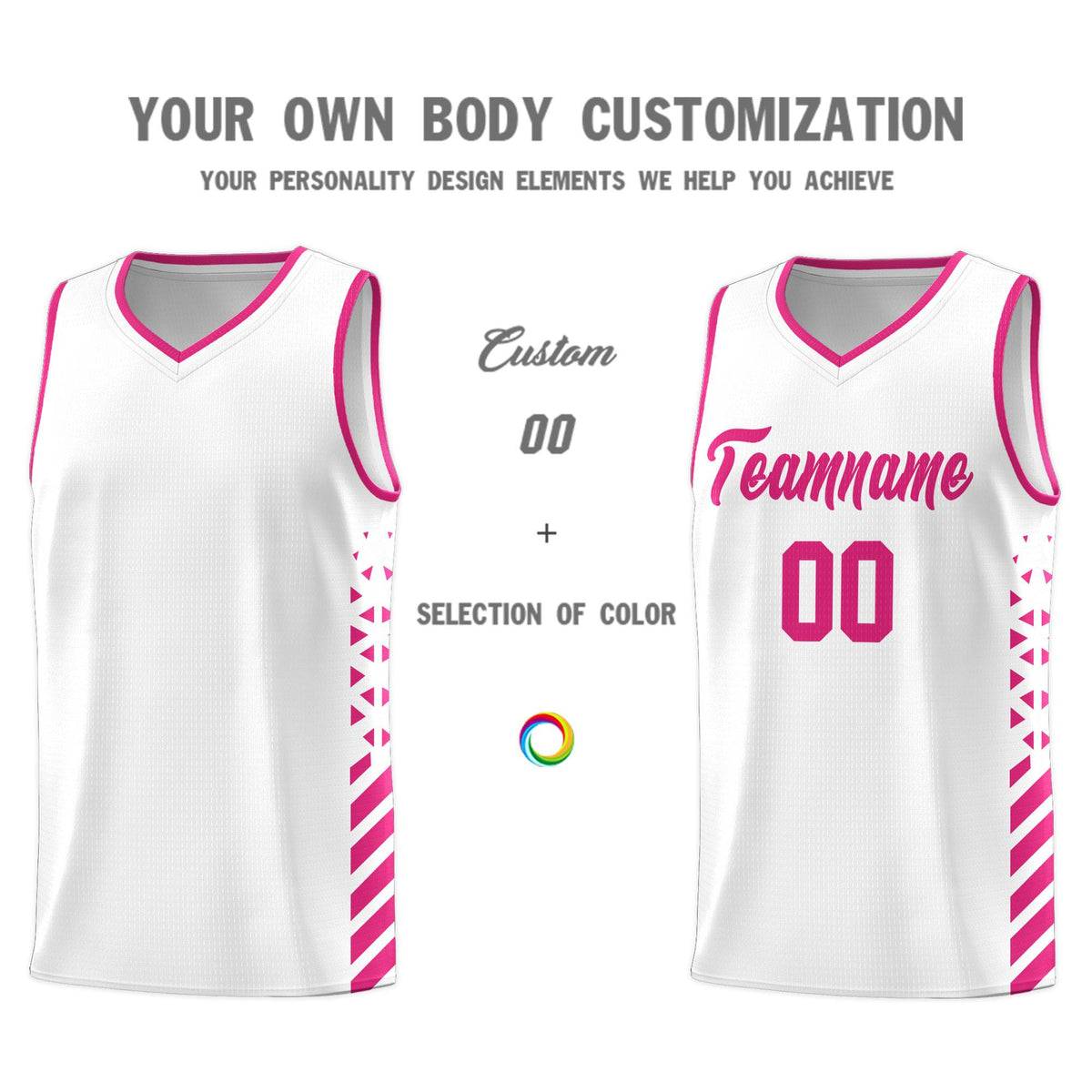 Custom White Basketball Kits With Side Rose Red Diamond Stripe Pattern
