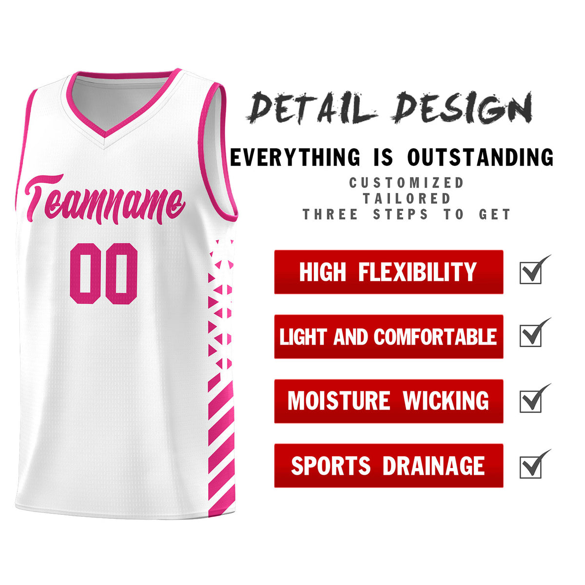 Custom White Basketball Kits With Side Rose Red Diamond Stripe Pattern