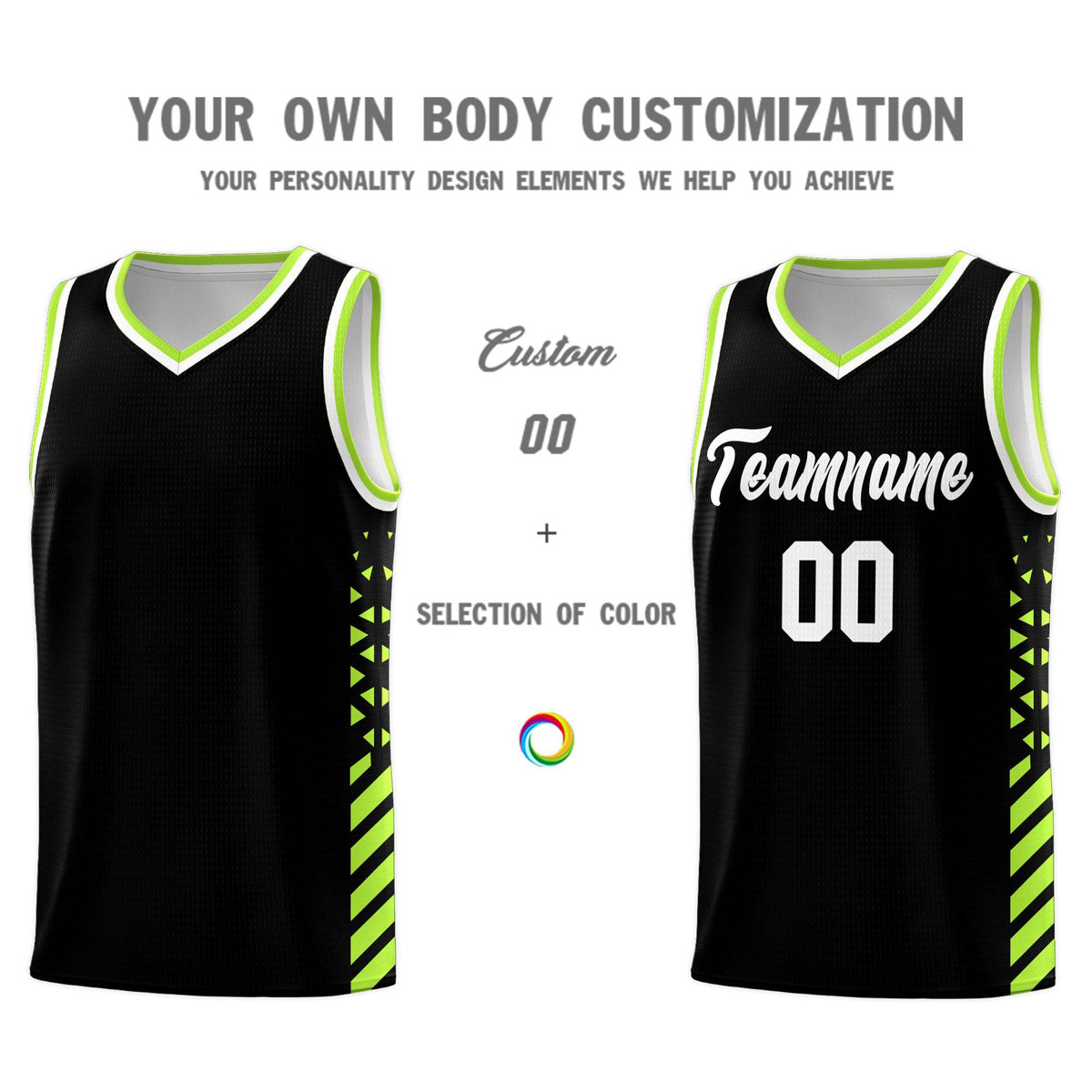 Custom Black Basketball Kits With Side Neon Green Diamond Stripe Pattern