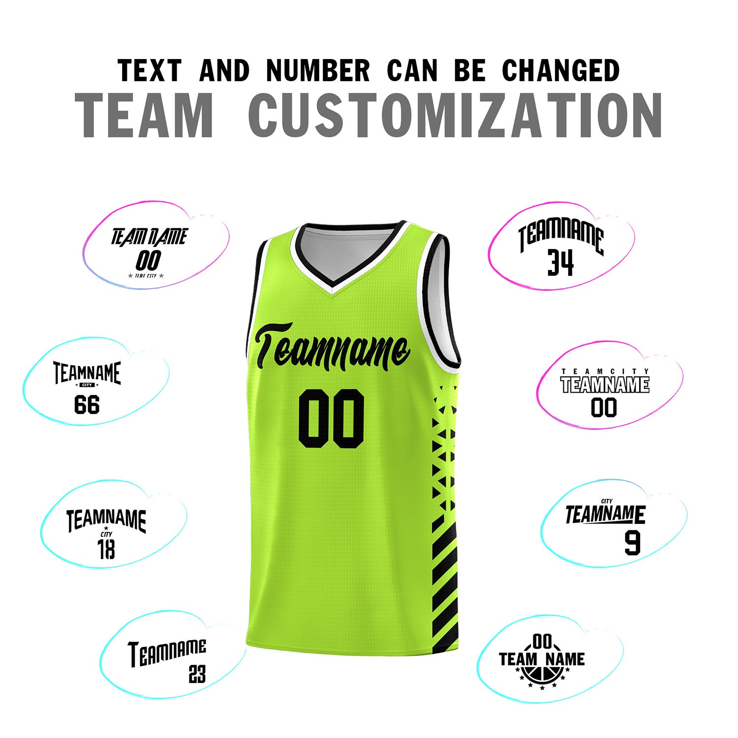 Custom Neon Green Basketball Kits With Side Black Diamond Stripe Pattern