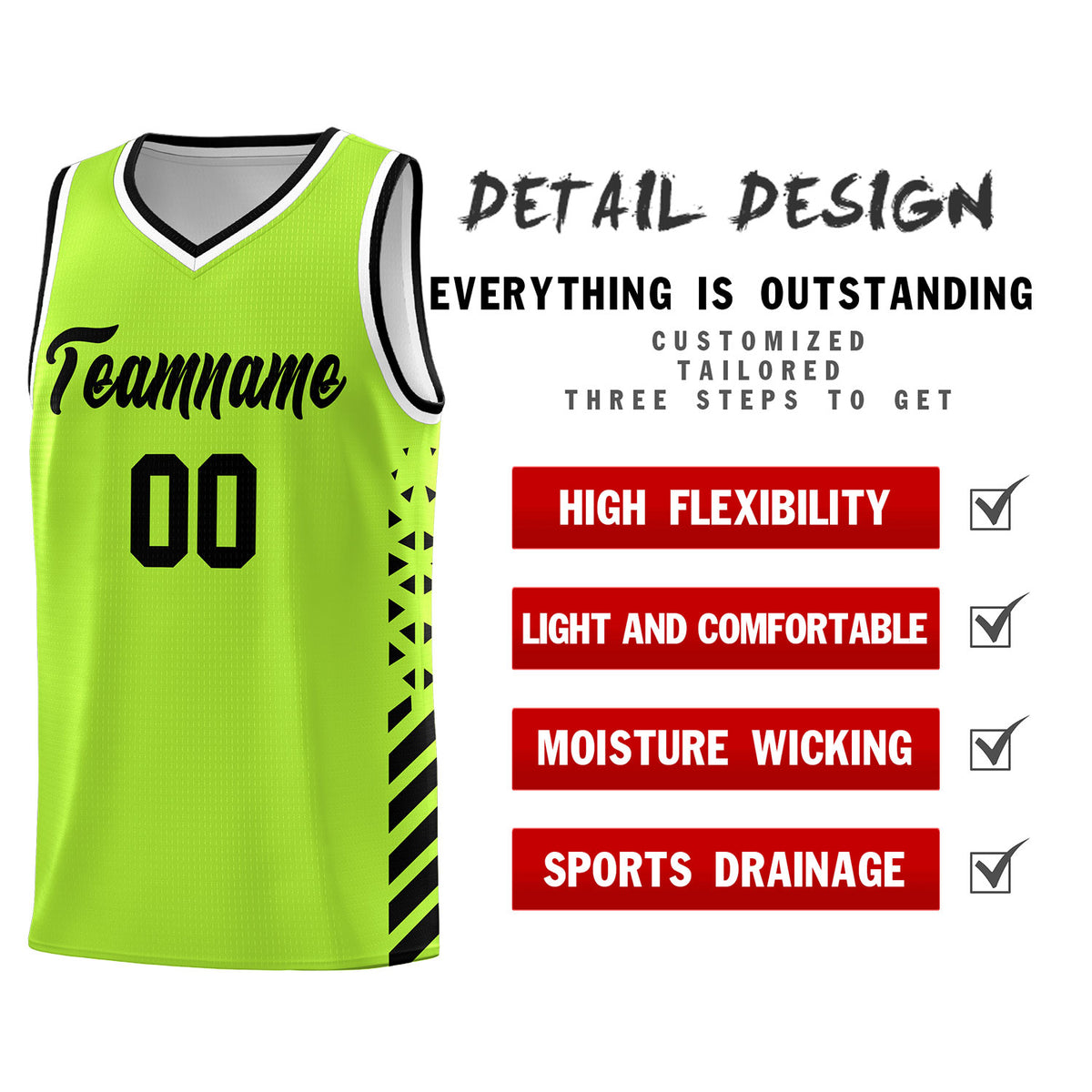 Custom Neon Green Basketball Kits With Side Black Diamond Stripe Pattern
