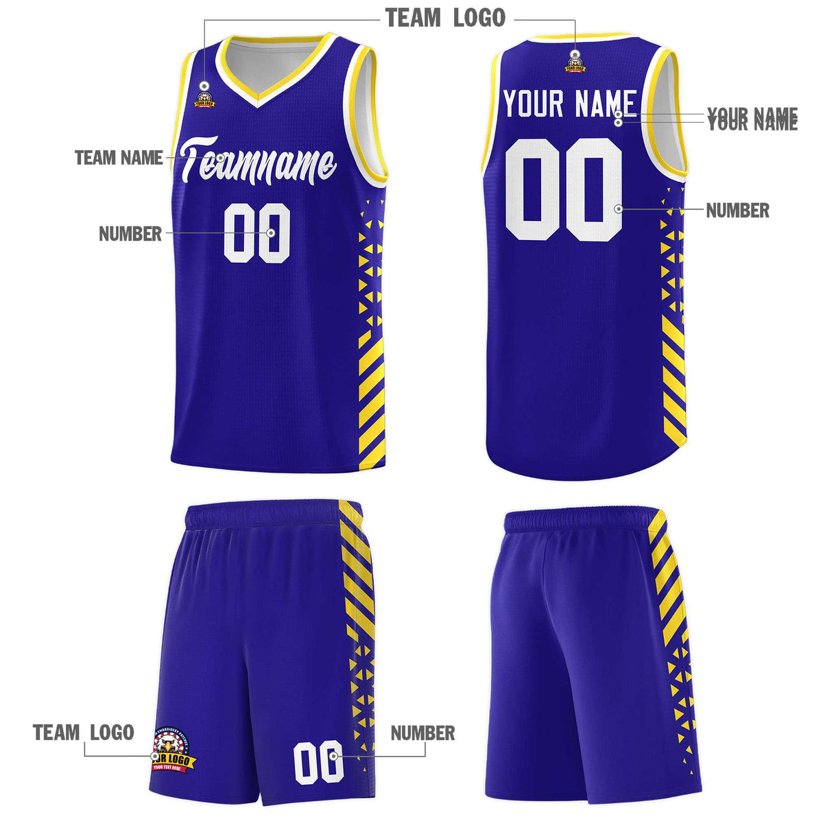 Custom Royal Basketball Kits With Side Gold Diamond Stripe Pattern