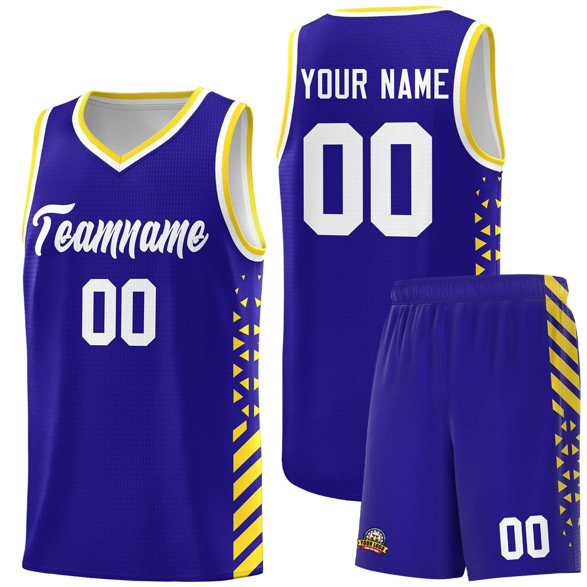Custom Royal Basketball Kits With Side Gold Diamond Stripe Pattern