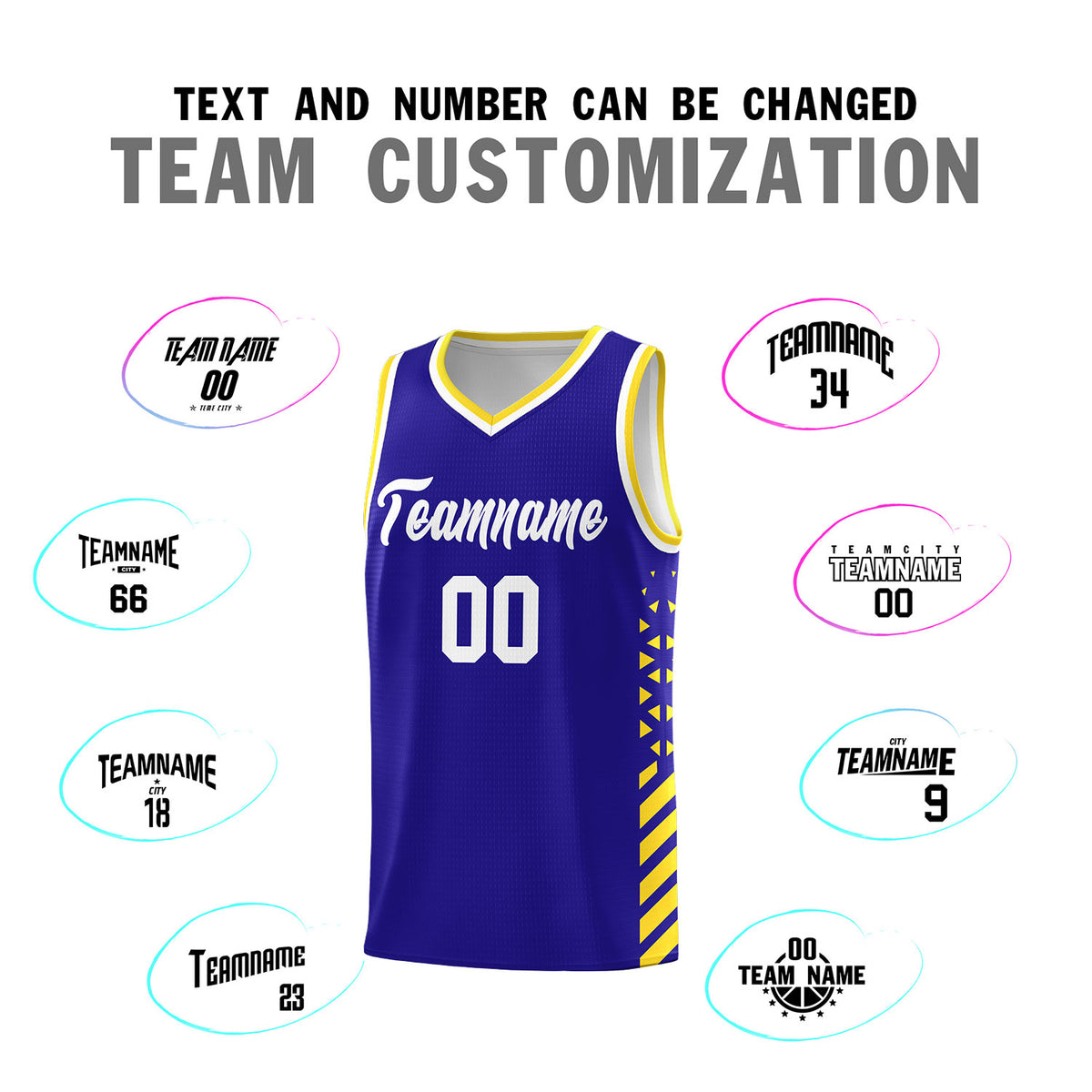 Custom Royal Basketball Kits With Side Gold Diamond Stripe Pattern