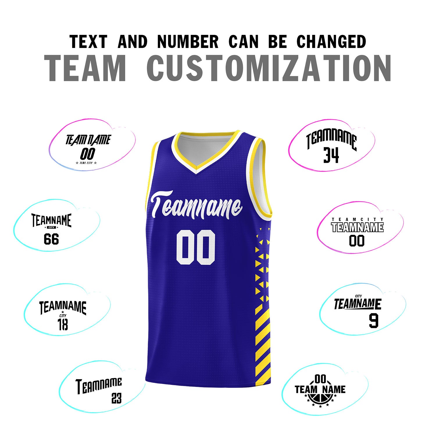 Custom Royal Basketball Kits With Side Gold Diamond Stripe Pattern