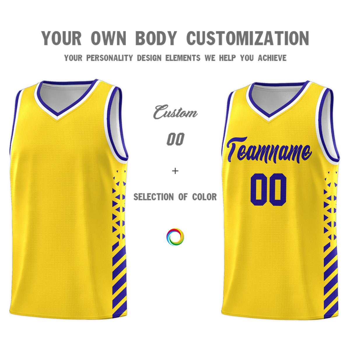 Custom Gold Basketball Kits With Side Royal Diamond Stripe Pattern