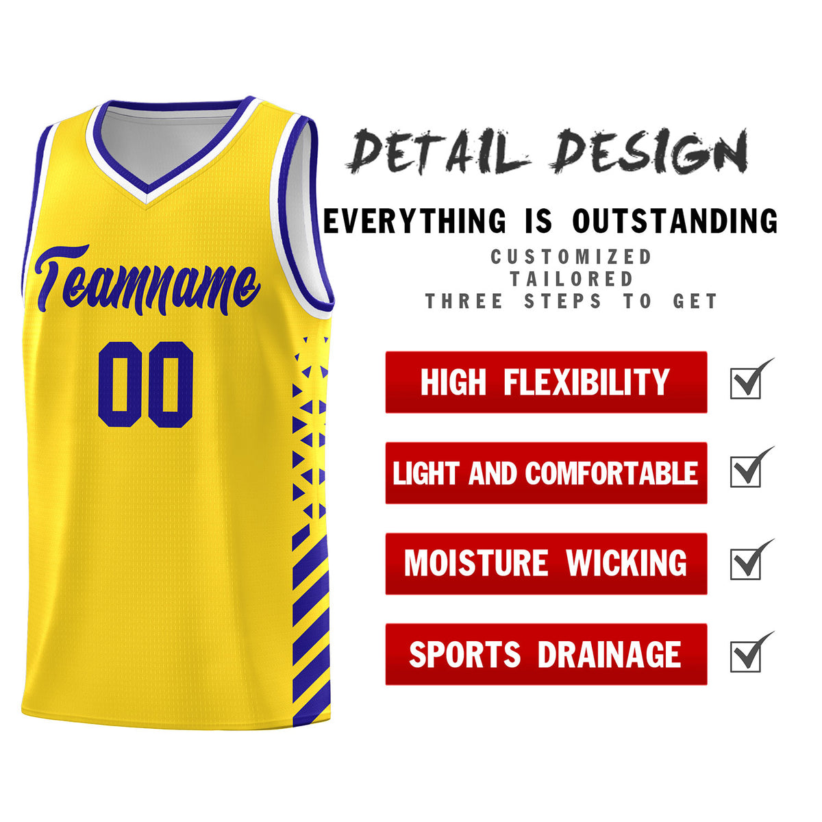 Custom Gold Basketball Kits With Side Royal Diamond Stripe Pattern