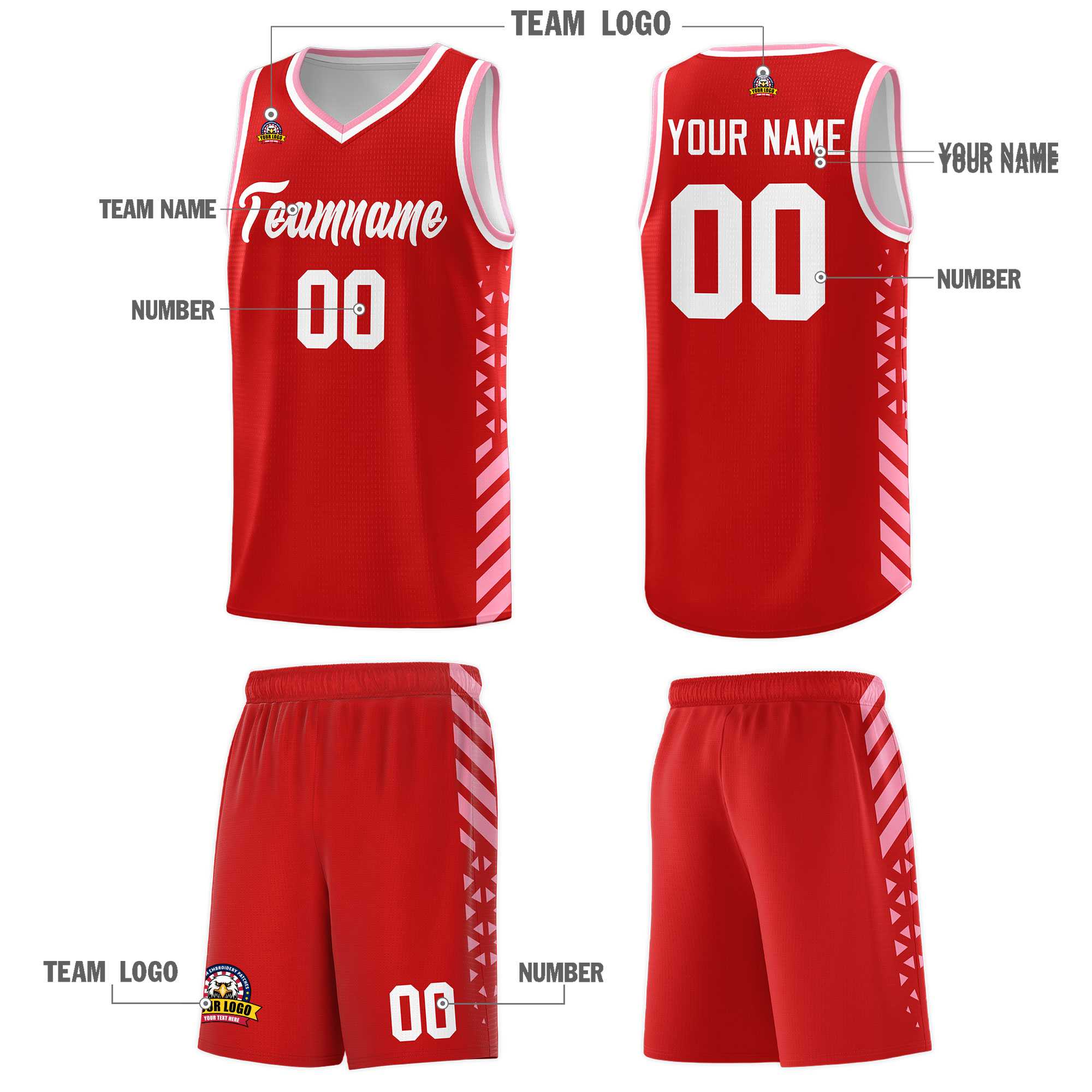 Custom Red Basketball Kits With Side Light Pink Diamond Stripe Pattern