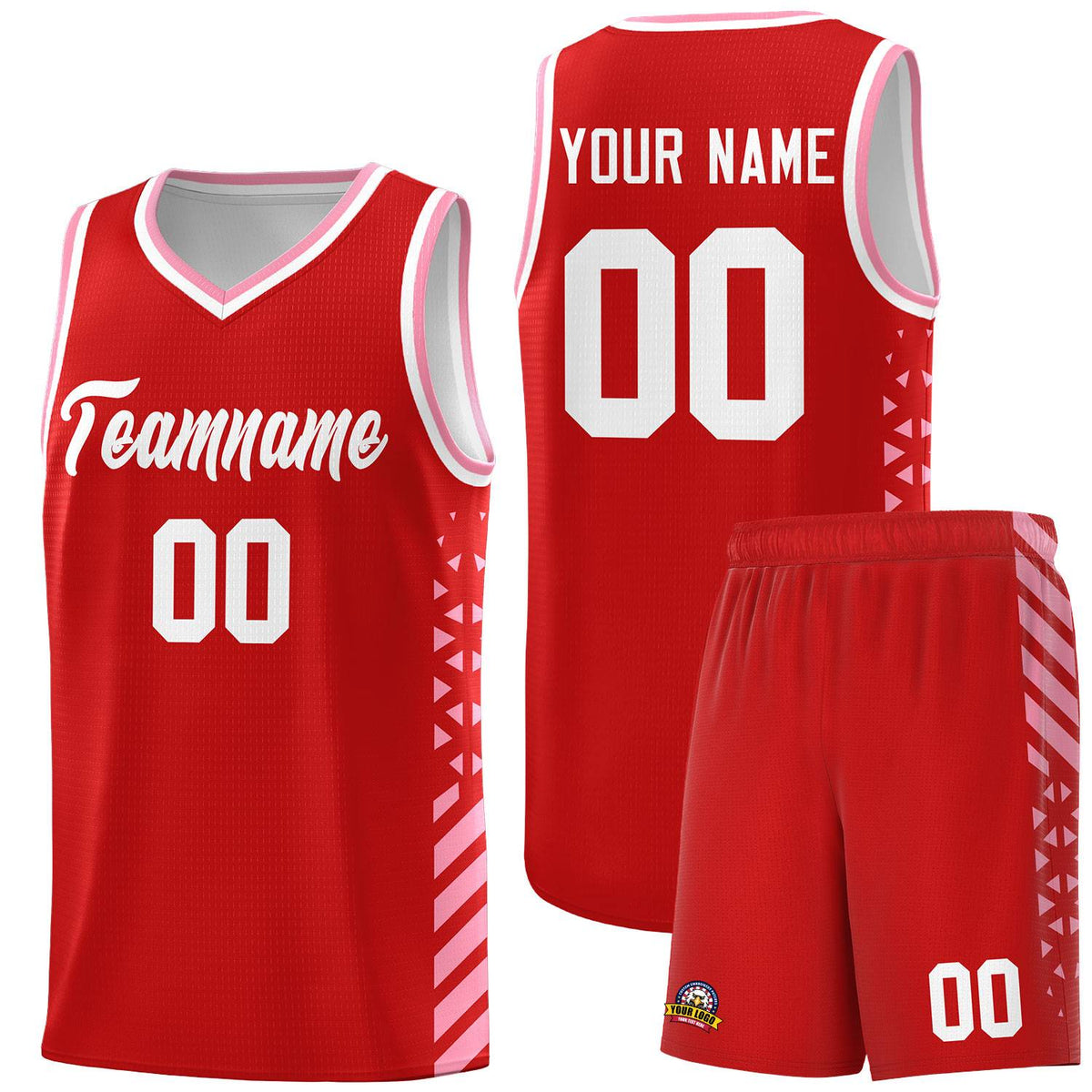 Custom Red Basketball Kits With Side Light Pink Diamond Stripe Pattern