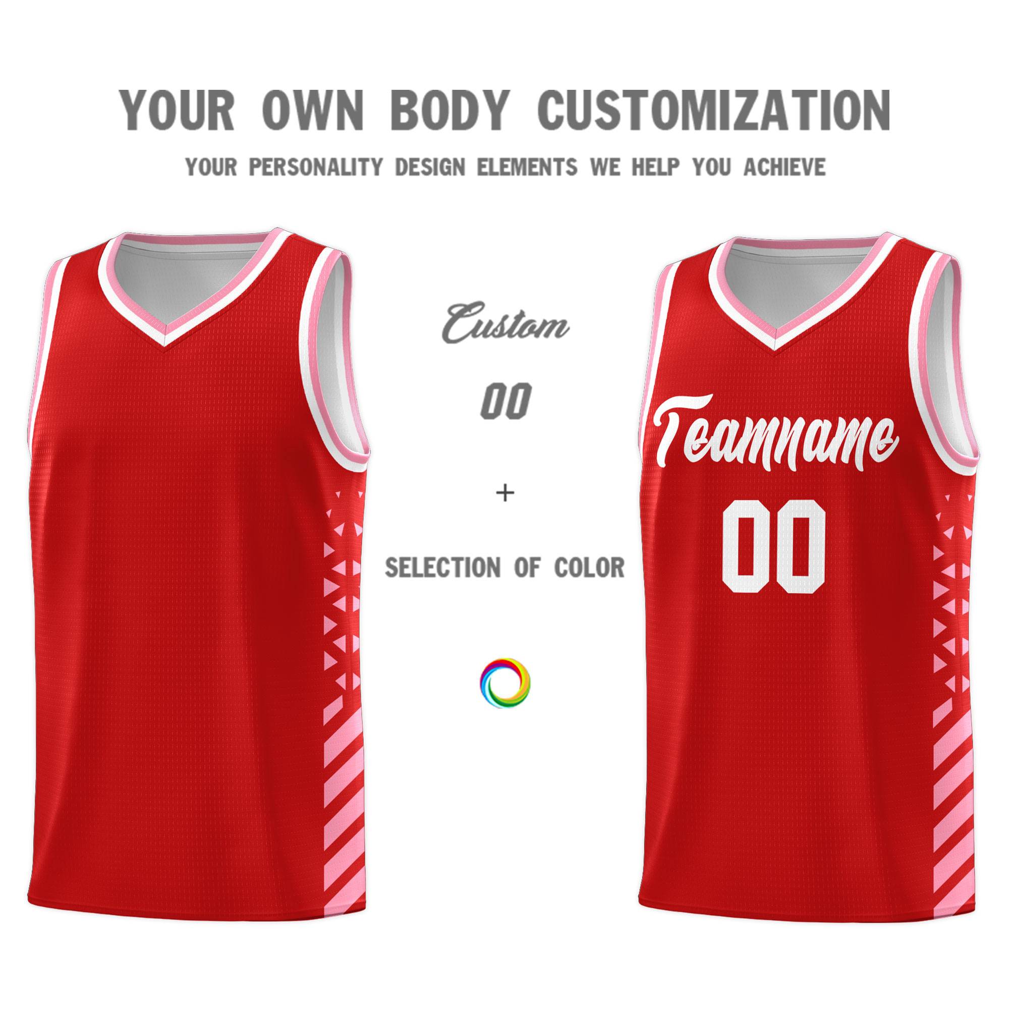 Custom Red Basketball Kits With Side Light Pink Diamond Stripe Pattern