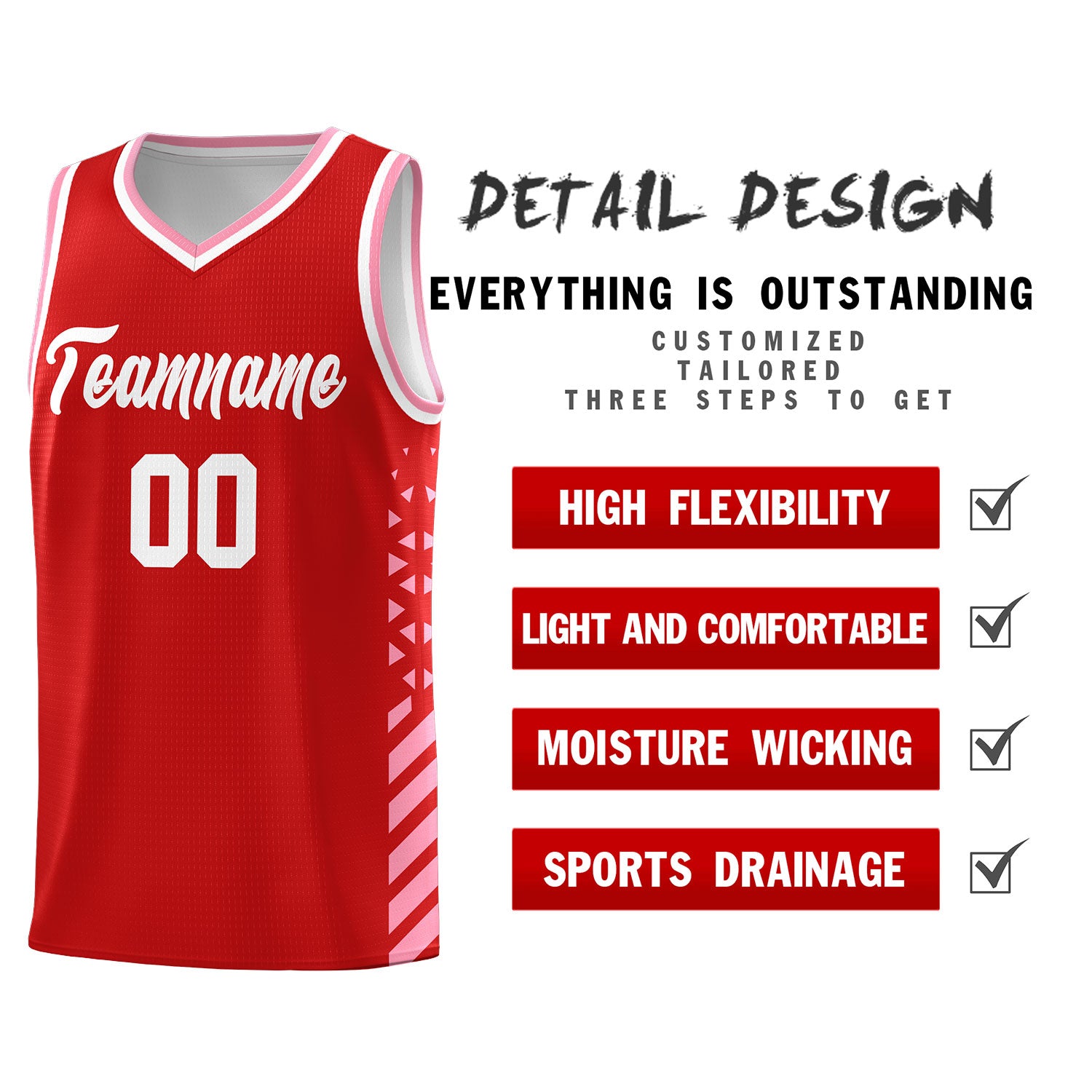 Custom Red Basketball Kits With Side Light Pink Diamond Stripe Pattern
