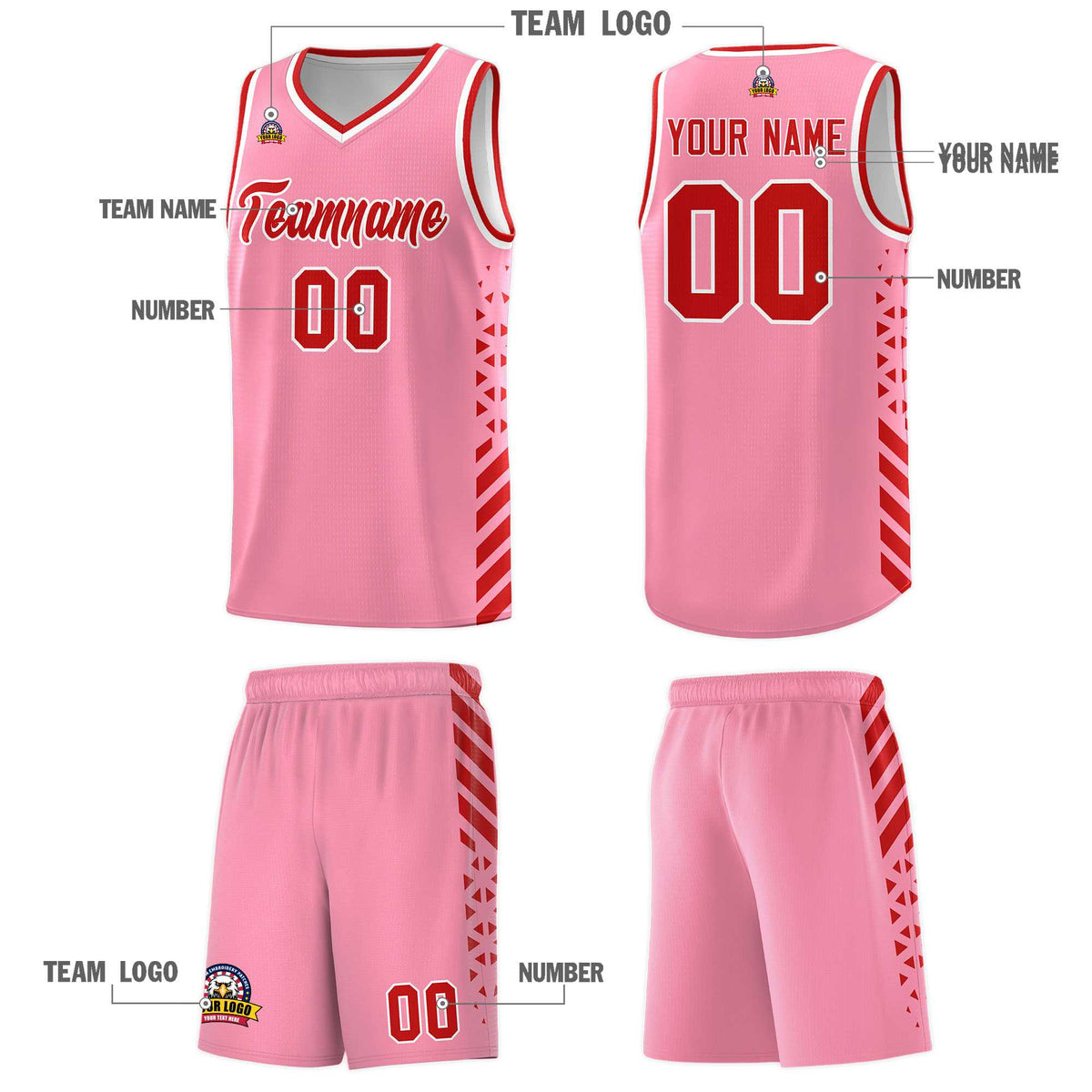 Custom Light Pink Basketball Kits With Side Red Diamond Stripe Pattern