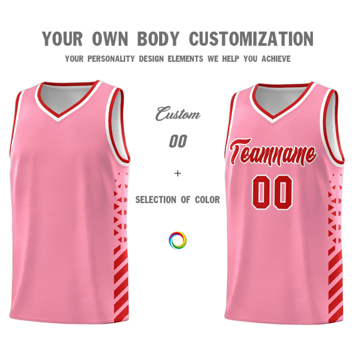 Custom Light Pink Basketball Kits With Side Red Diamond Stripe Pattern