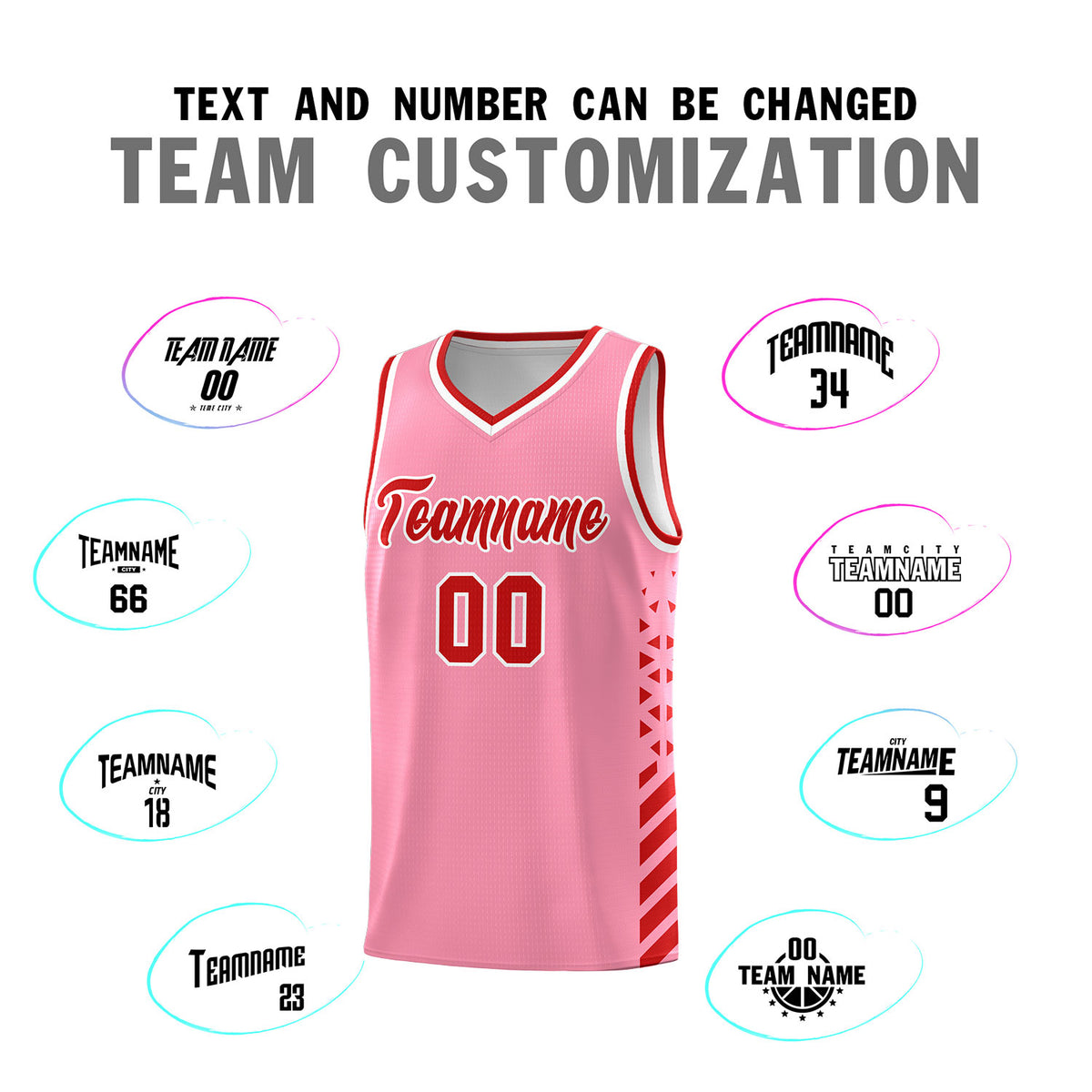 Custom Light Pink Basketball Kits With Side Red Diamond Stripe Pattern