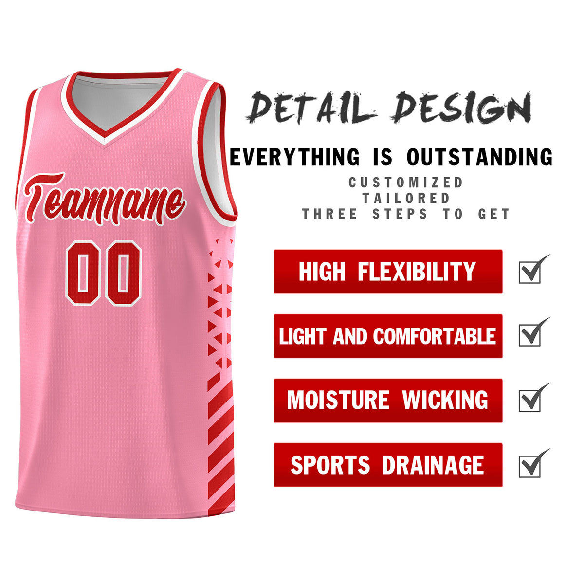 Custom Light Pink Basketball Kits With Side Red Diamond Stripe Pattern