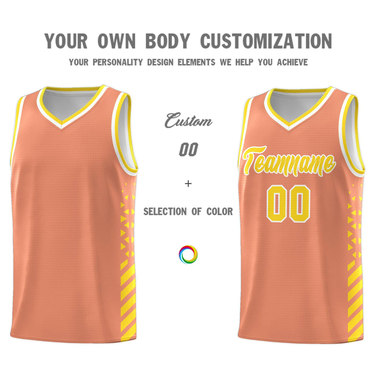 Custom Light Orange Basketball Kits With Side Gold Diamond Stripe Pattern