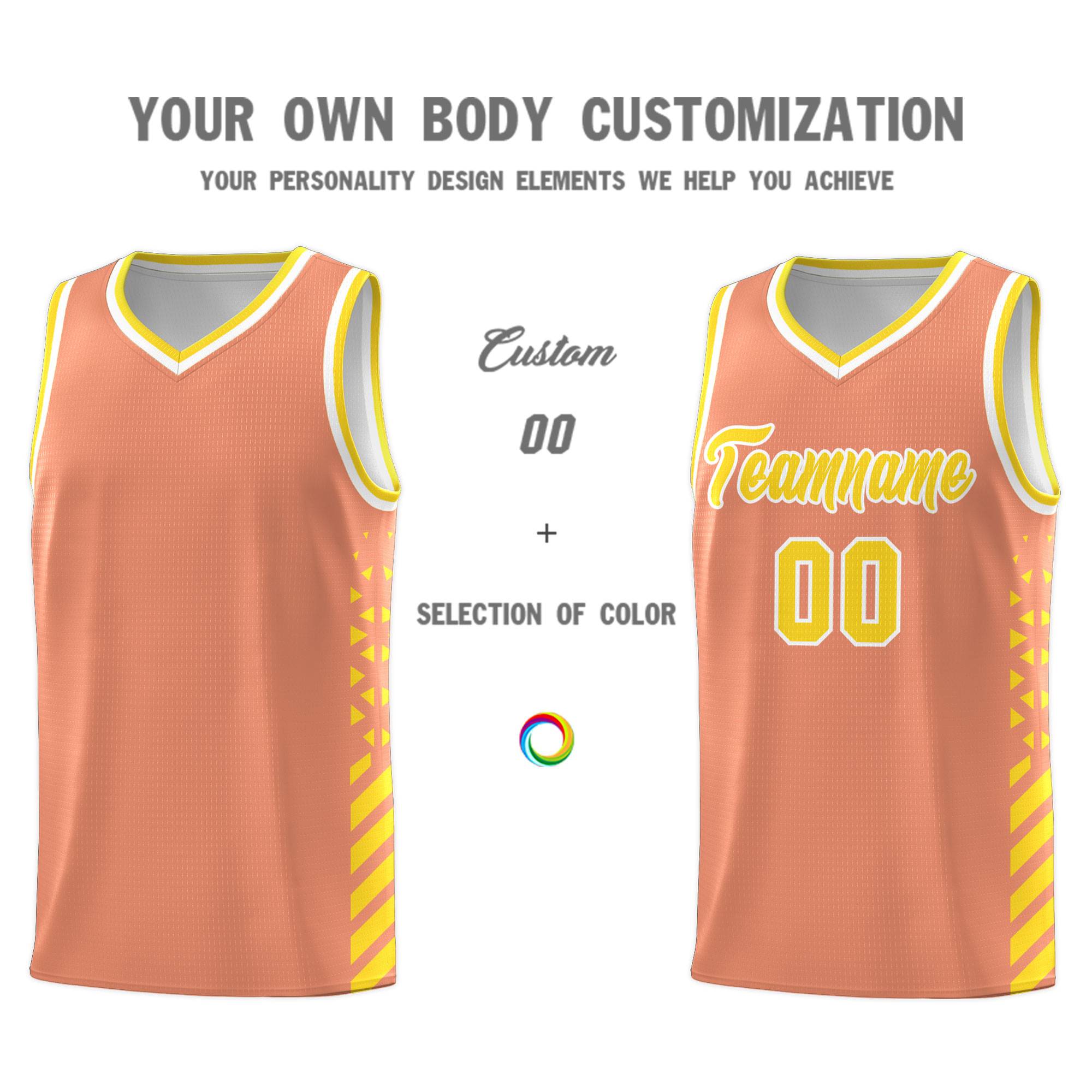 Custom Light Orange Basketball Kits With Side Gold Diamond Stripe Pattern